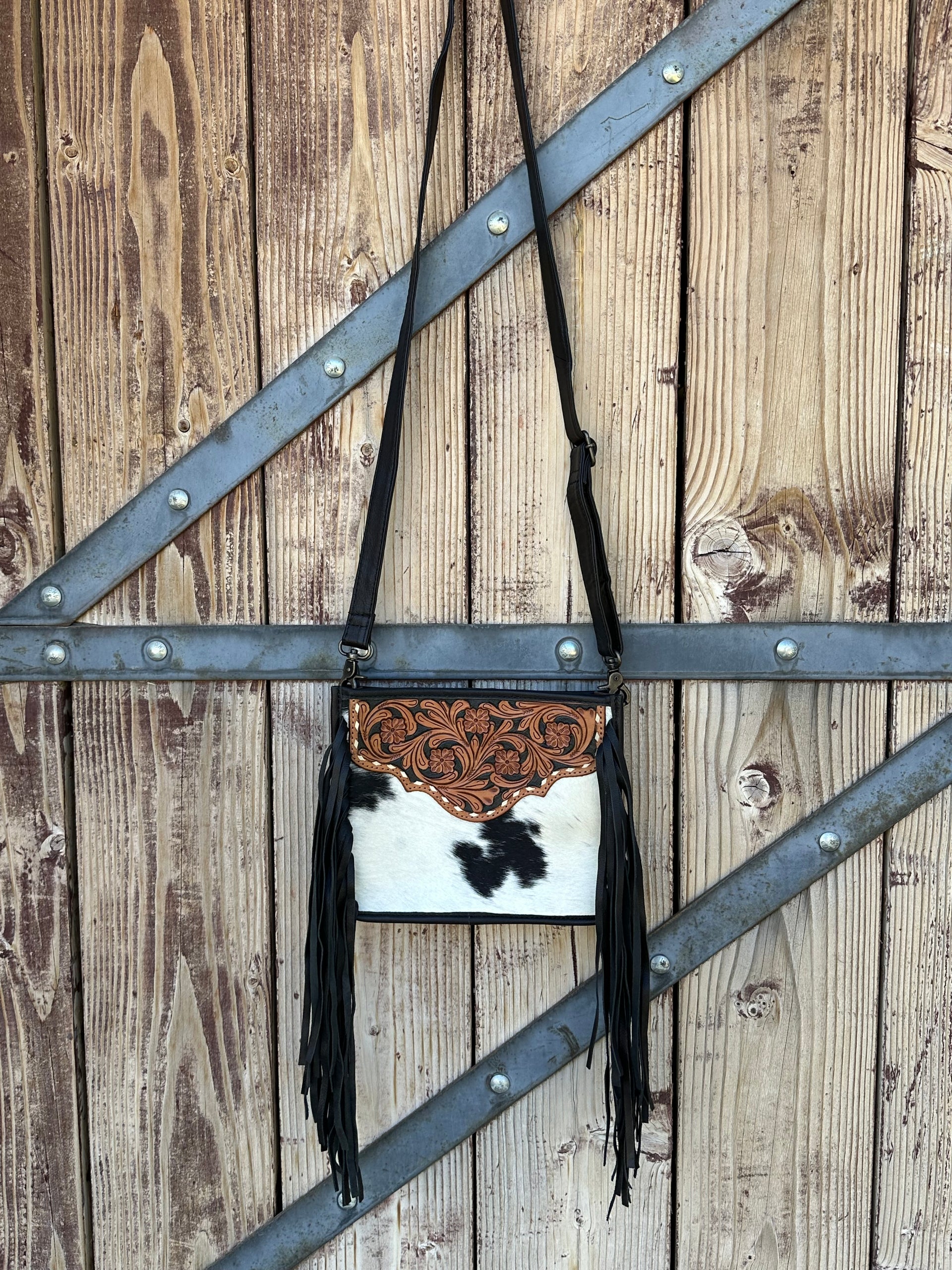 Genuine Tooled Leather & Cowhide Fringe Purse