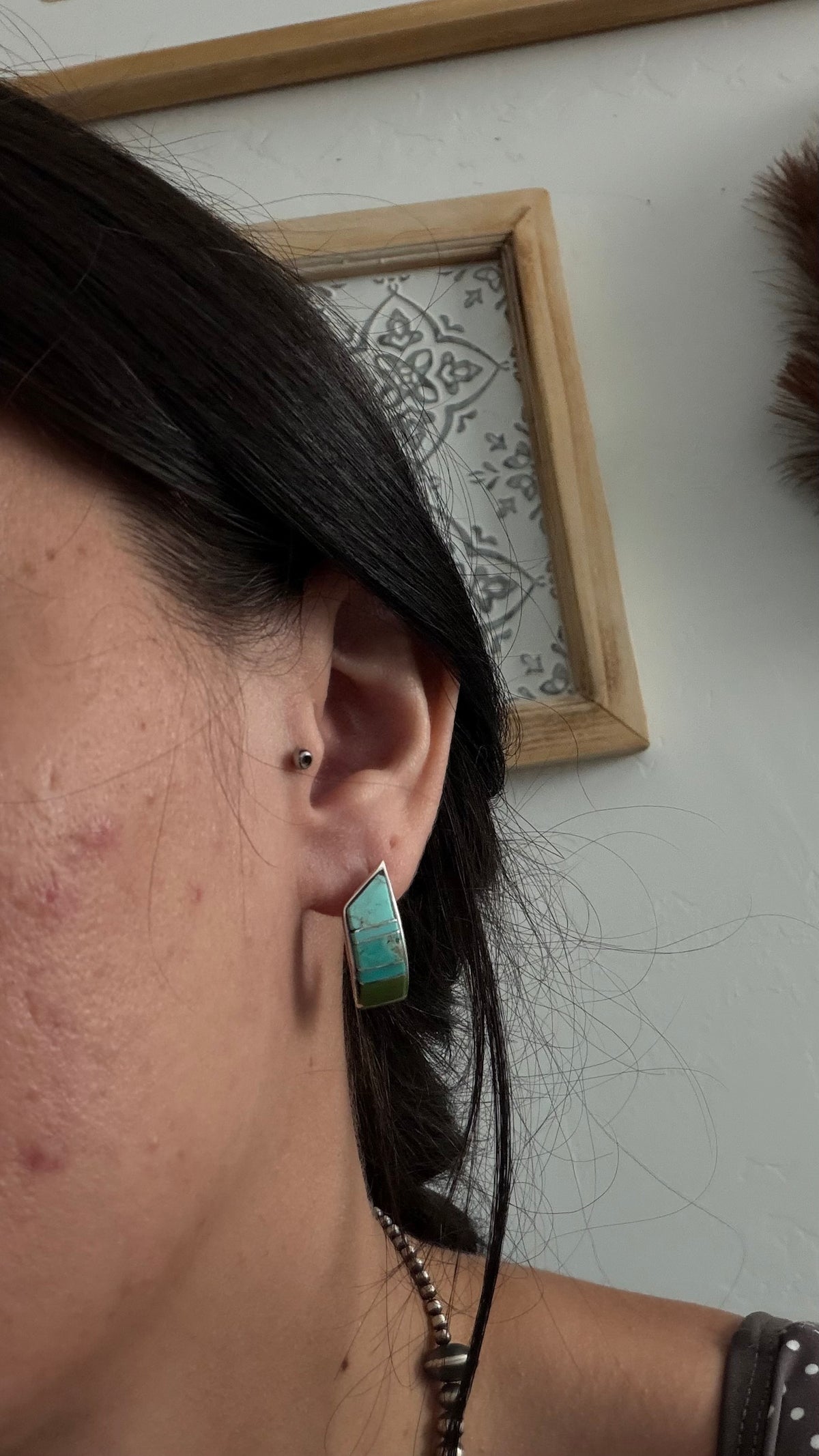 Navajo Made Mixed Turquoise & Sterling Silver Post Inlay Hoop Earrings