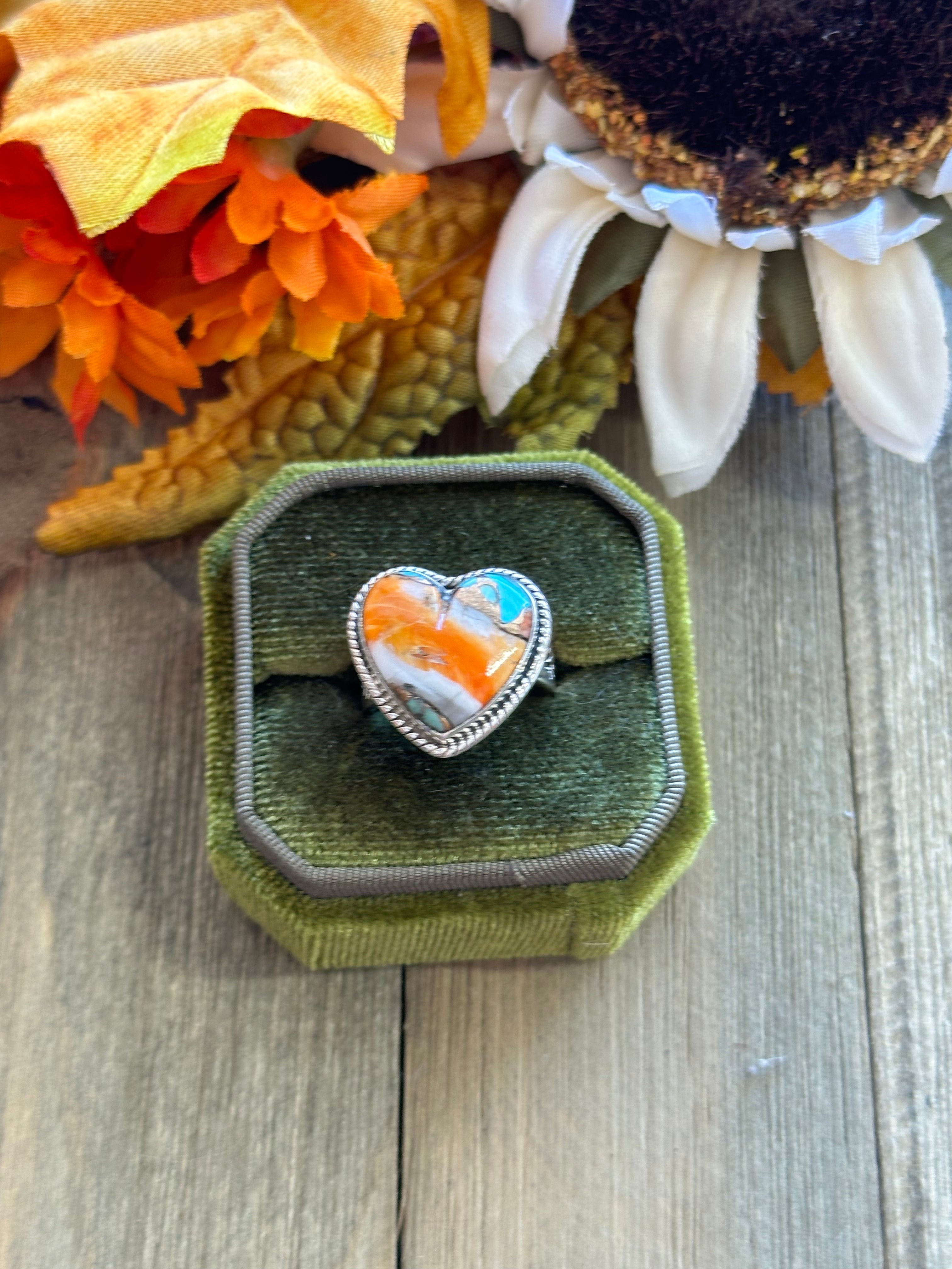 Southwest Handmade Mohave Turquoise & Sterling Silver Adjustable Heart Ring