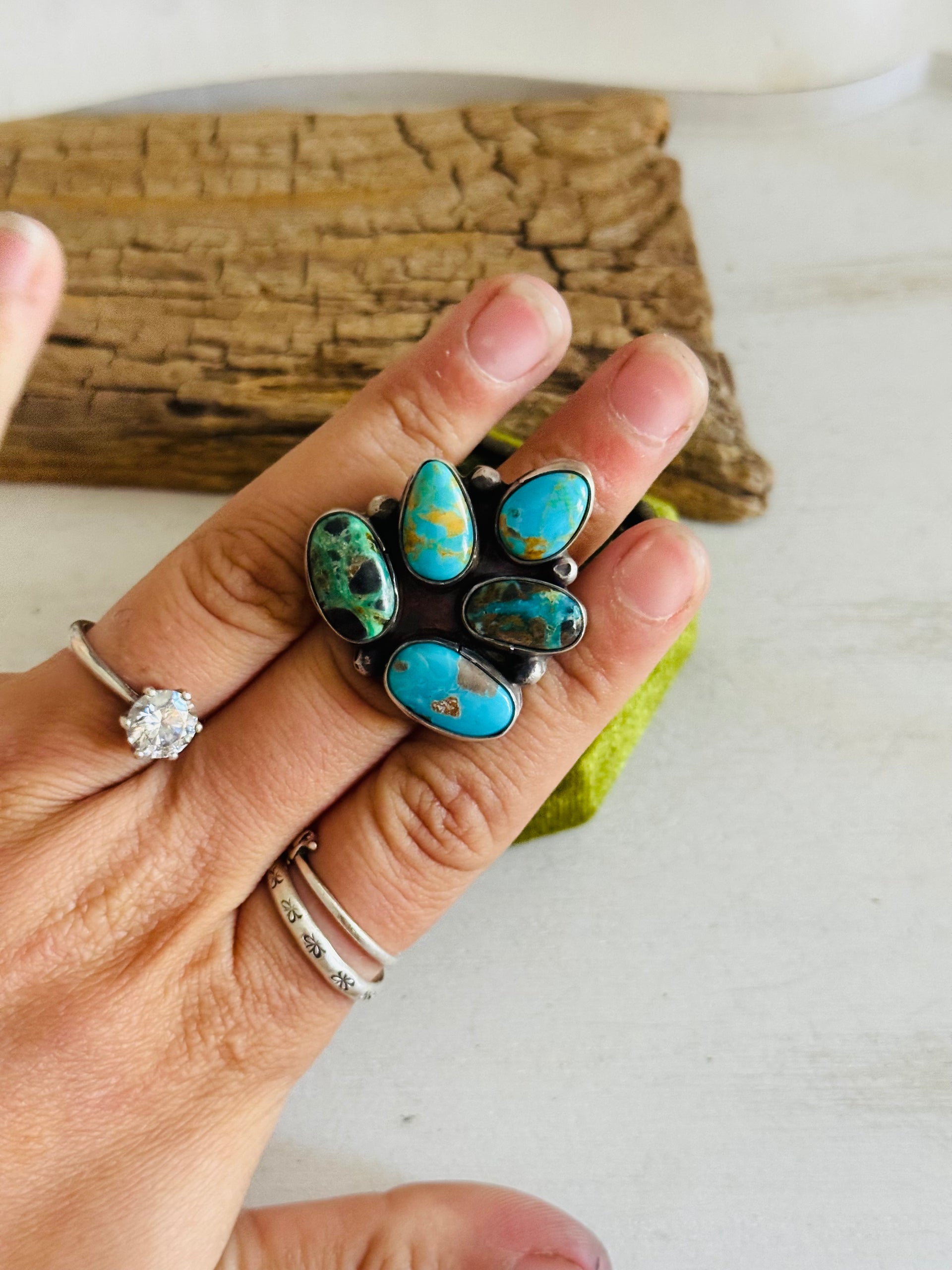 Navajo Made Multi Turquoise & Sterling Silver Adjustable Cluster Ring