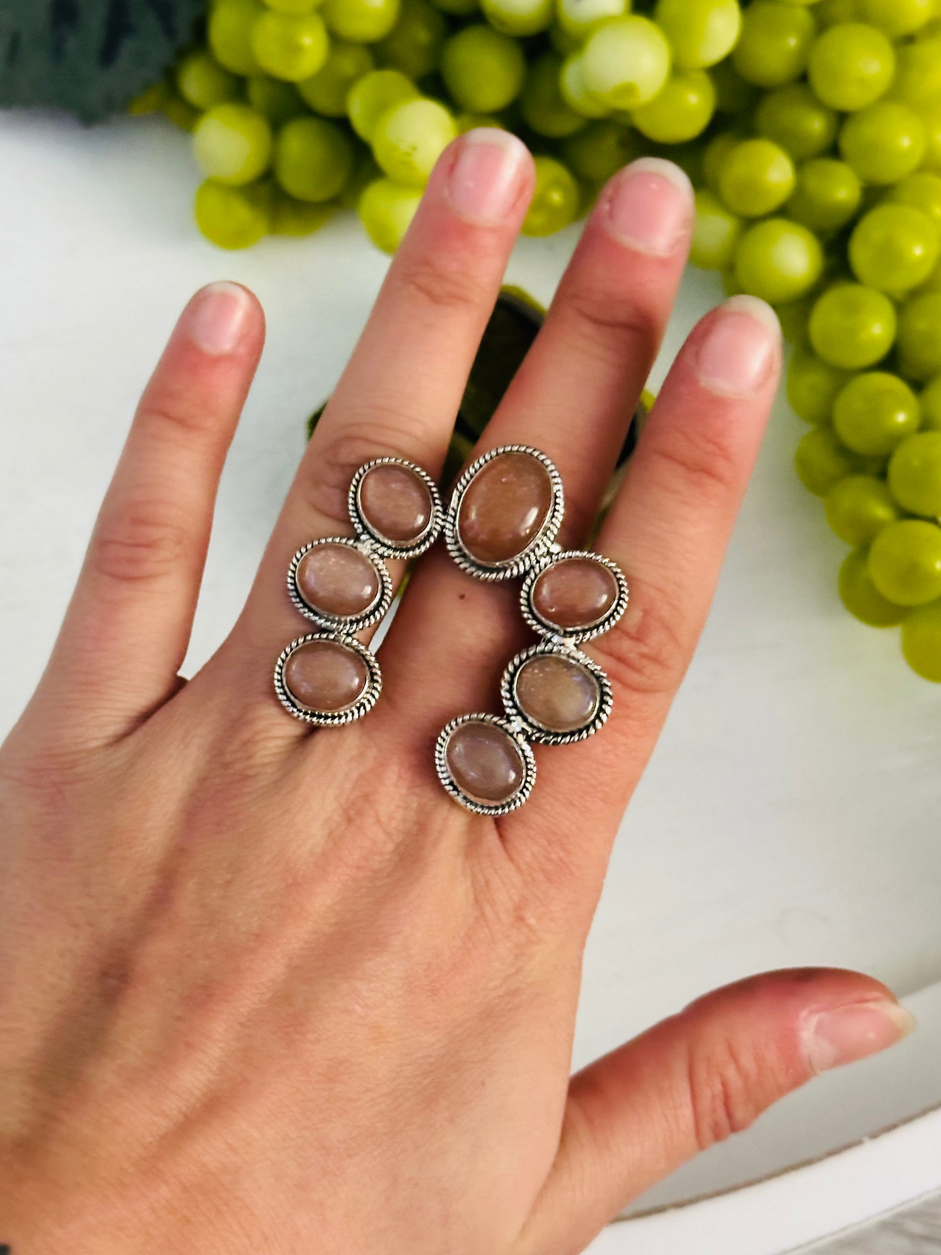 Southwest Handmade Chocolate Moonstone & Sterling Silver Adjustable Cluster Naja Ring