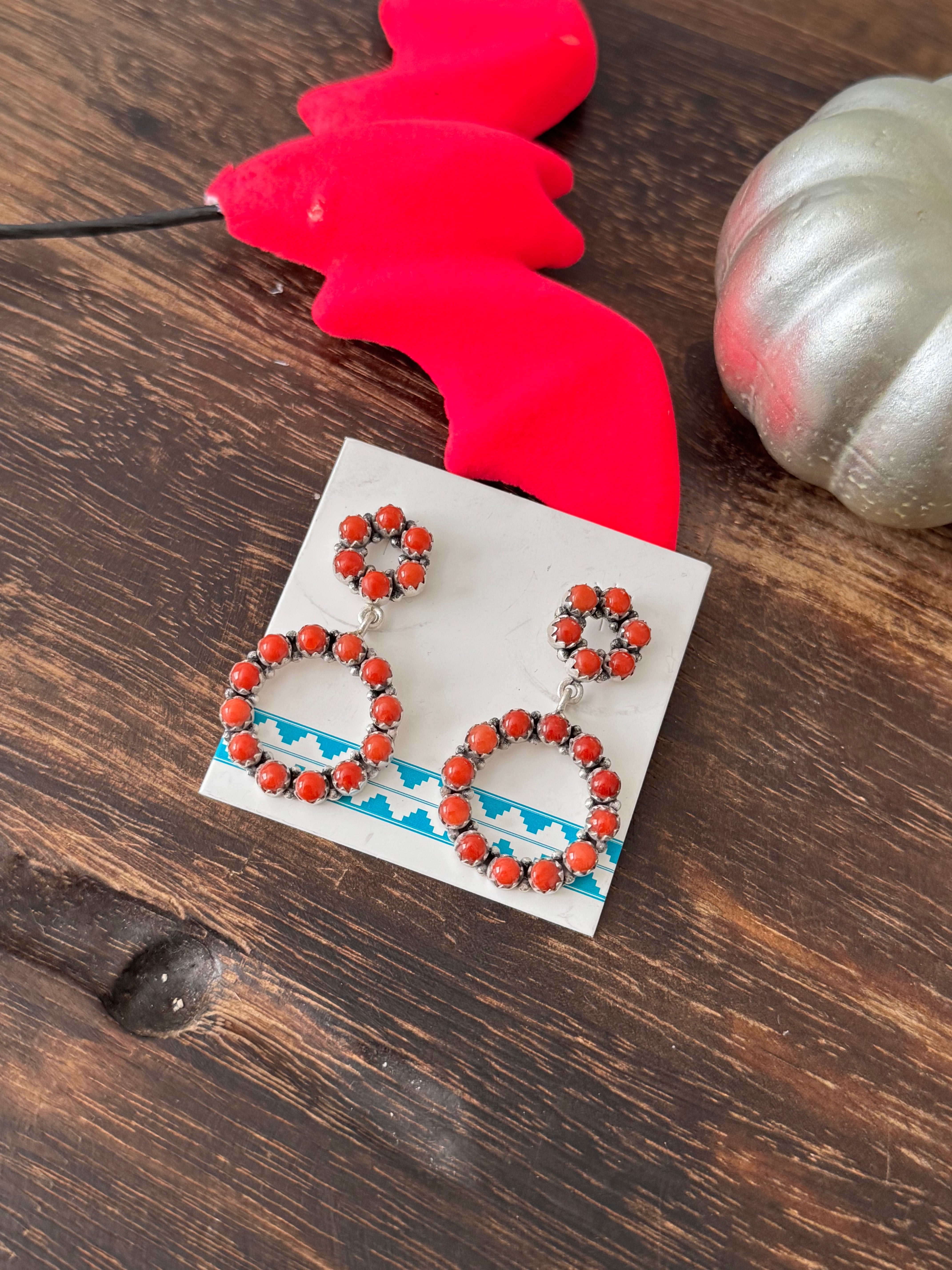 Navajo Made Italian Coral & Sterling Silver Post Dangle Cluster Earrings