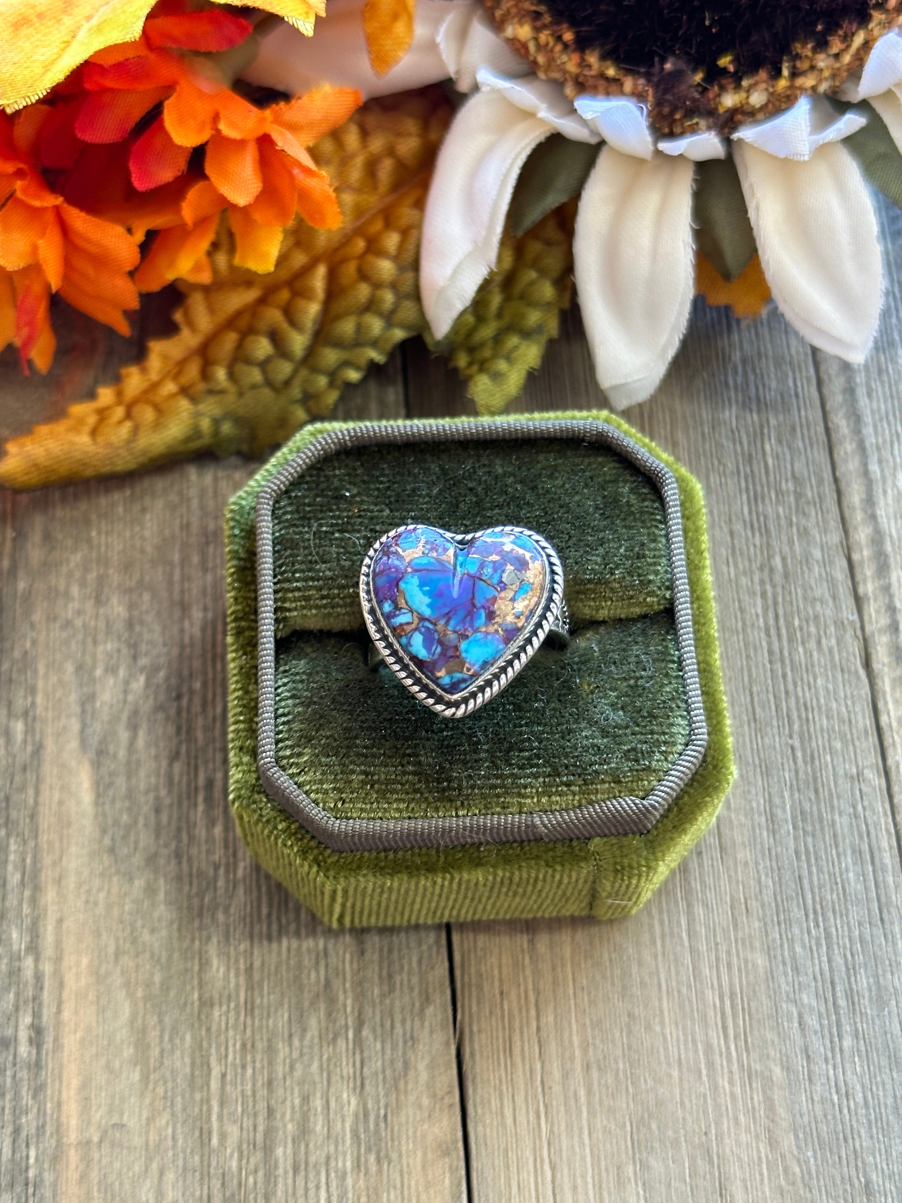 Southwest Handmade Mohave Turquoise & Sterling Silver Adjustable Heart Ring