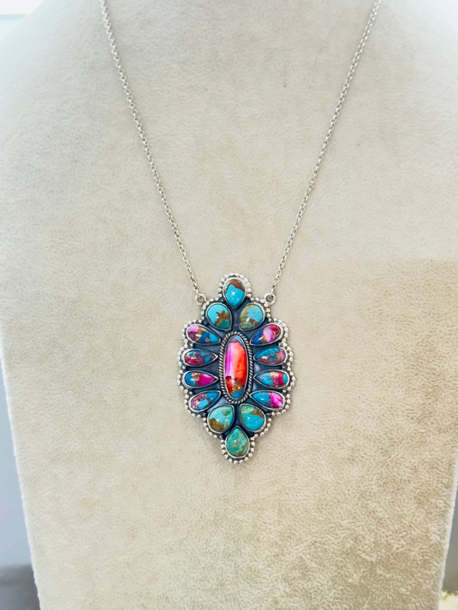 Southwest Handmade Pink Mohave & Sterling Silver Cluster Necklace