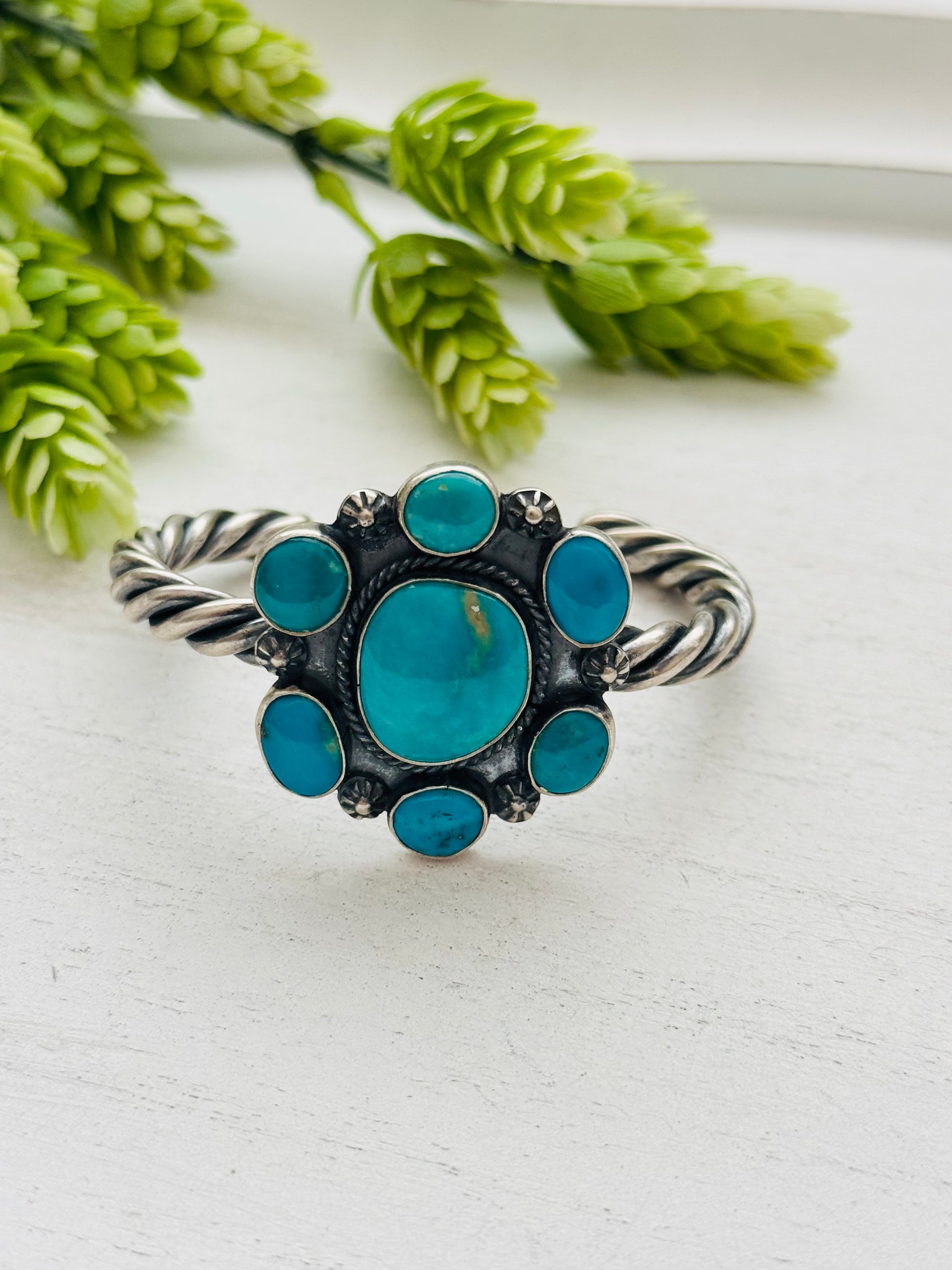Virginia Sandoval Kingman Turquoise & Sterling Silver Cluster Cuff Bracelet