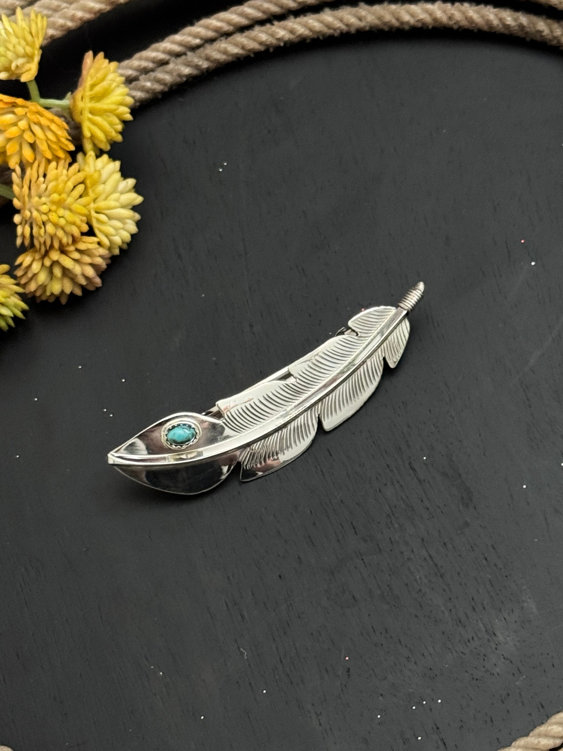 Navajo Made Kingman Turquoise & Sterling Silver Feather Hair Barrette