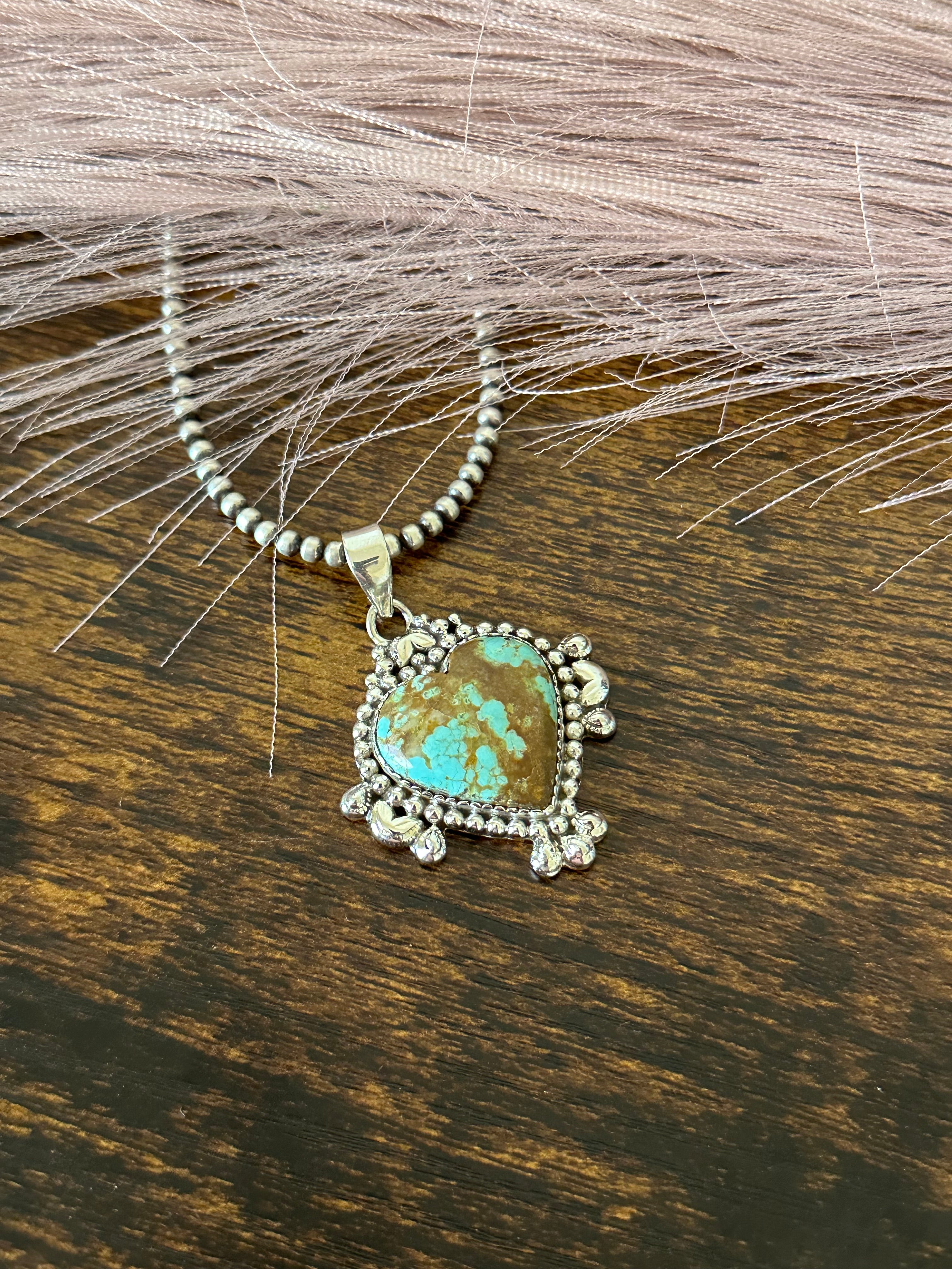 Southwest Handmade Number 8 Turquoise & Sterling Silver Heart Pendant