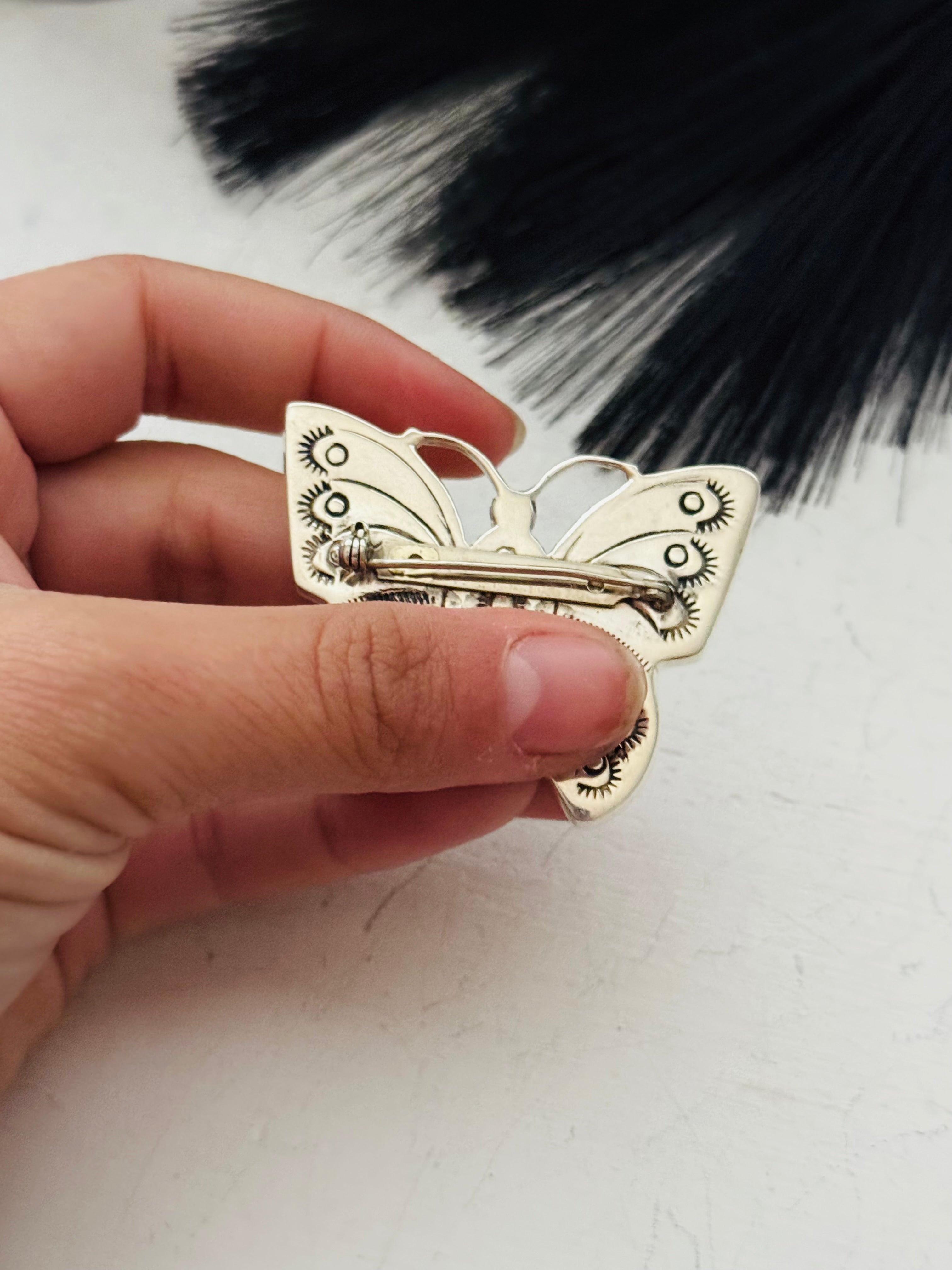 Navajo Made Spiny Oyster & Sterling Silver Butterfly Inlay Pin