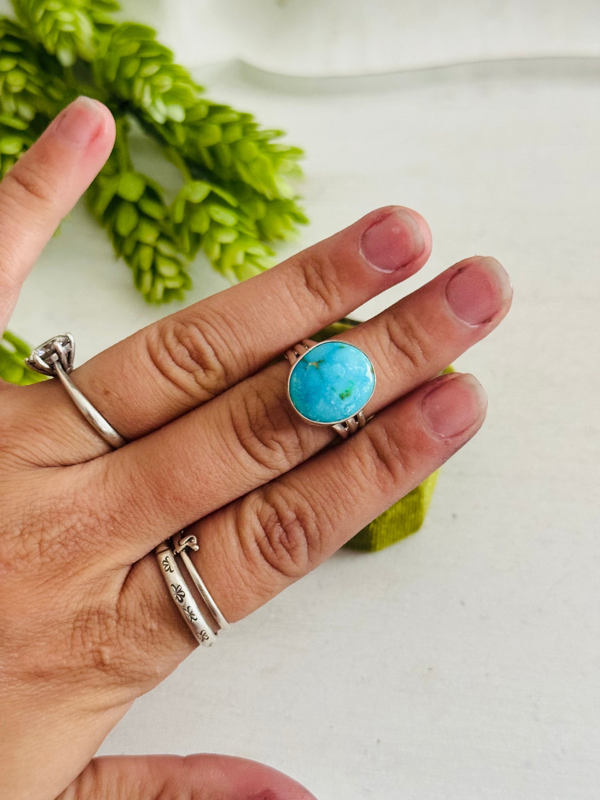 Southwest Made Kingman Turquoise & Sterling Sliver Ring Size 5.75