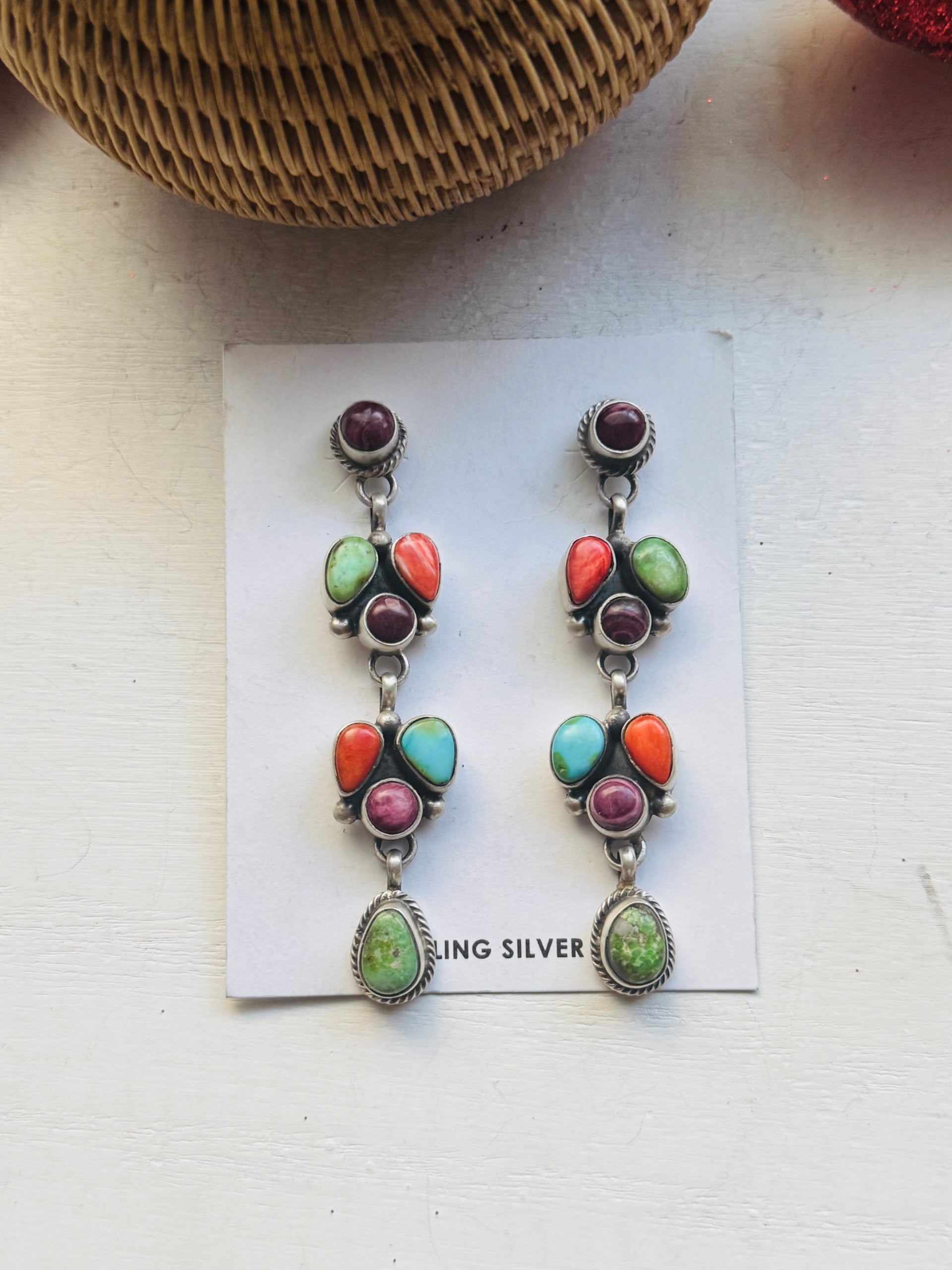 Navajo Made Multi Stone & Sterling Silver Post Dangle Earrings