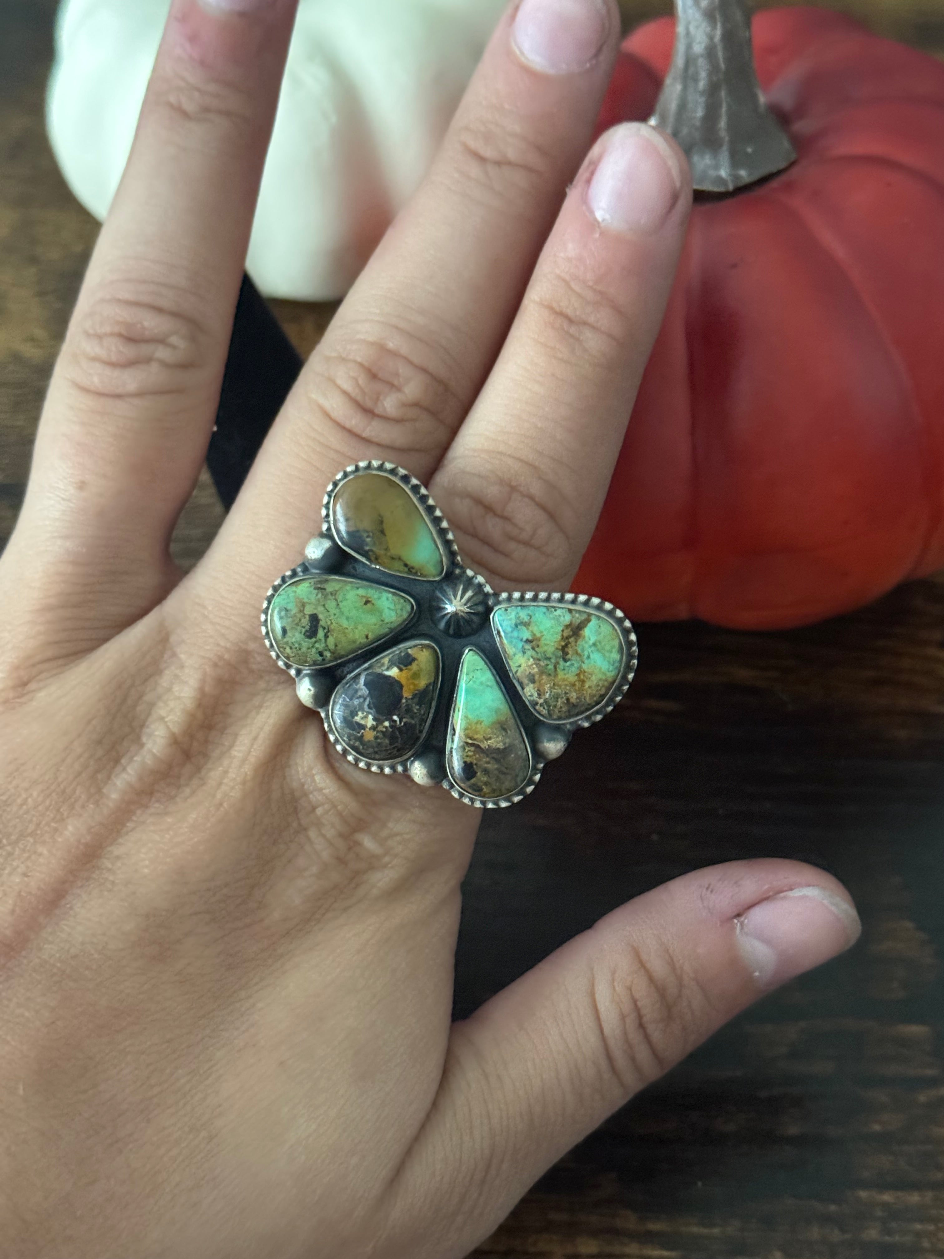 Southwest Handmade Black Jack Turquoise & Sterling Silver Adjustable Naja Ring