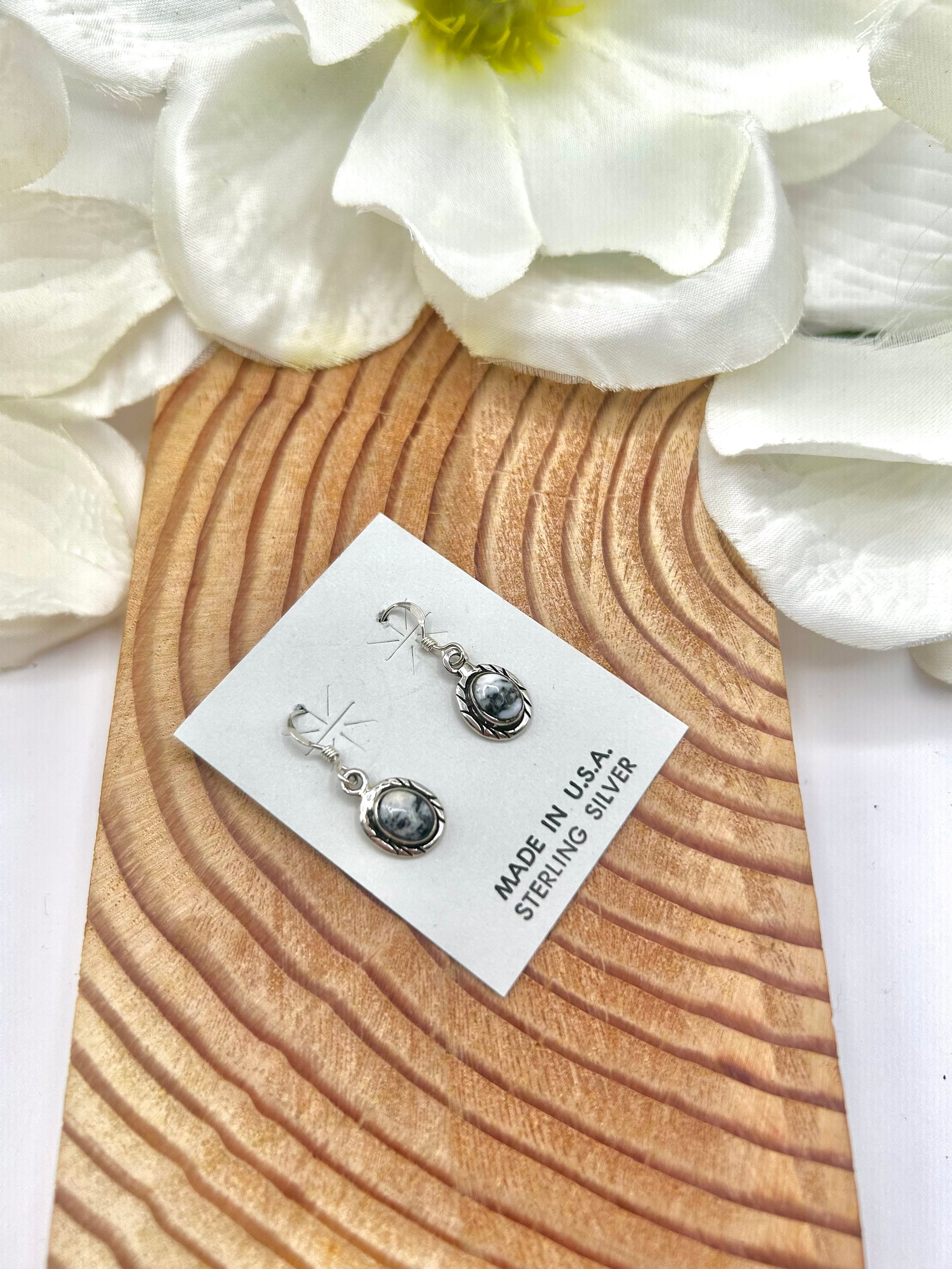 Navajo Made White Buffalo & Sterling Silver Hook Earrings
