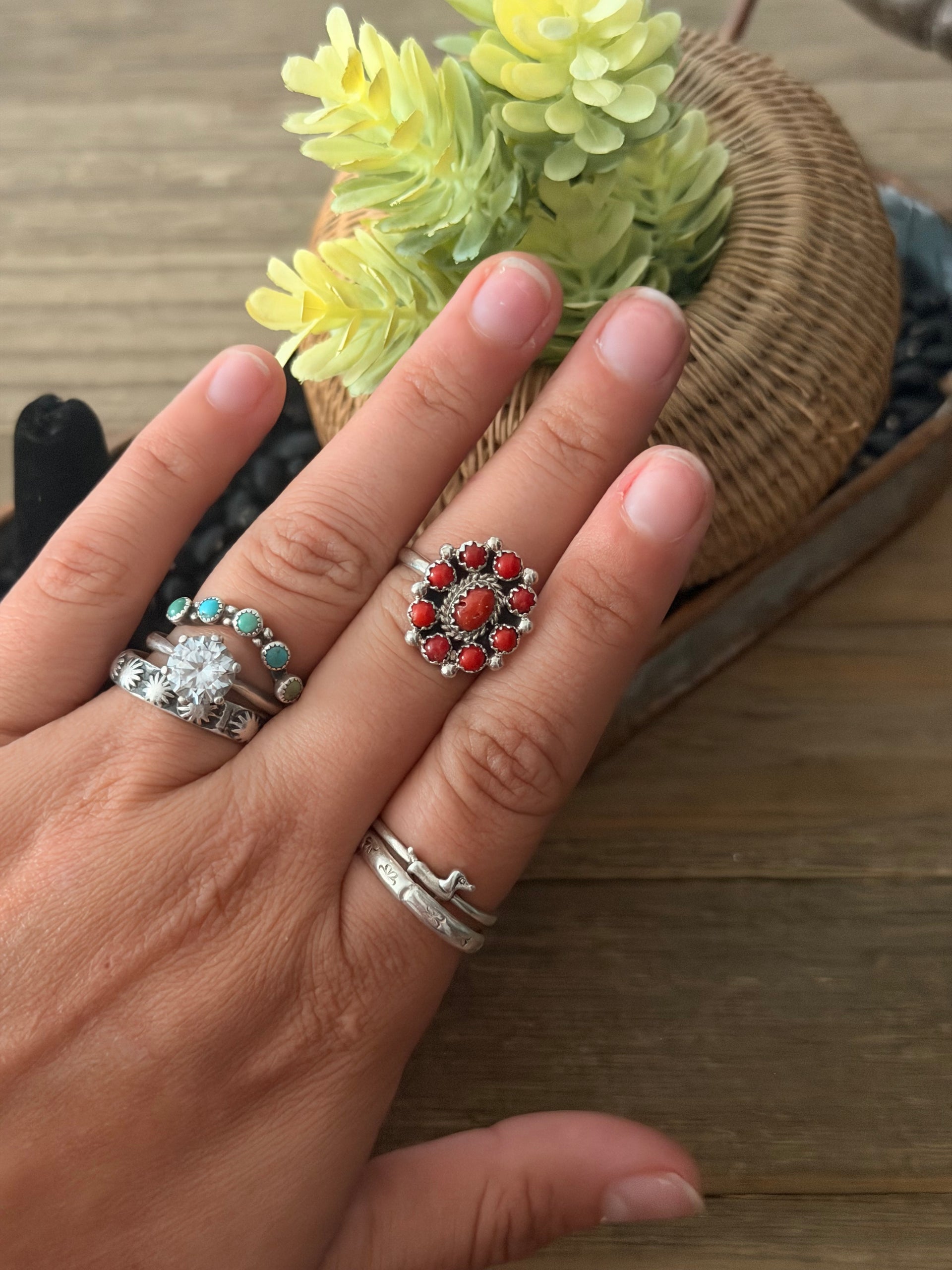 Navajo Made Red Coral & Sterling Silver Cluster Ring