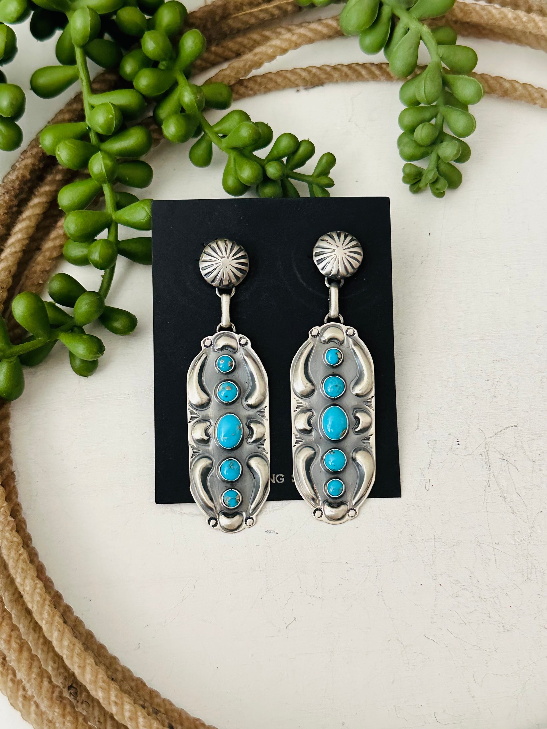 Jeff James Kingman Turquoise & Sterling Silver Post Dangle Concho Earrings