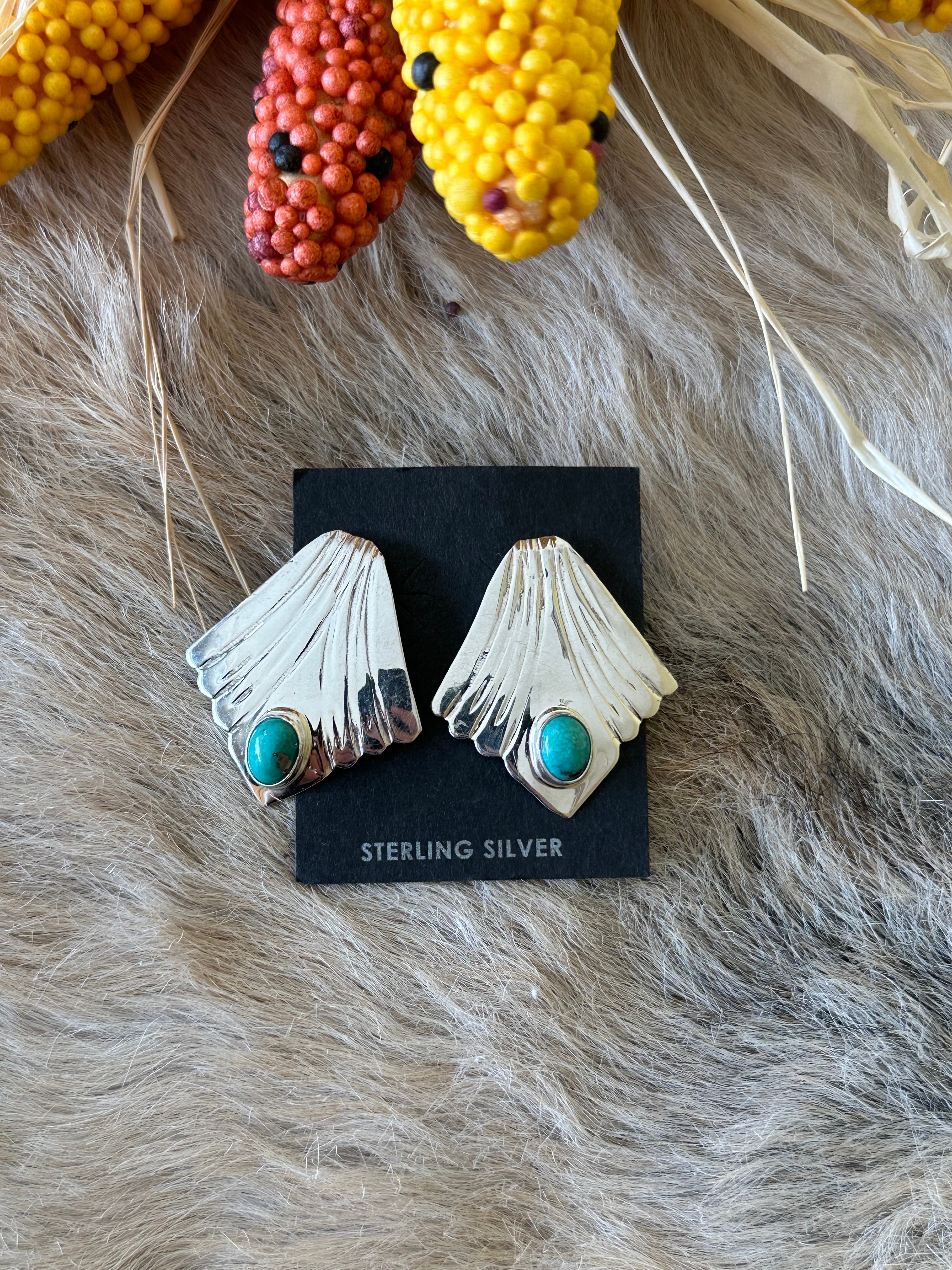Navajo Made Kingman Turquoise & Sterling Silver Post Earrings