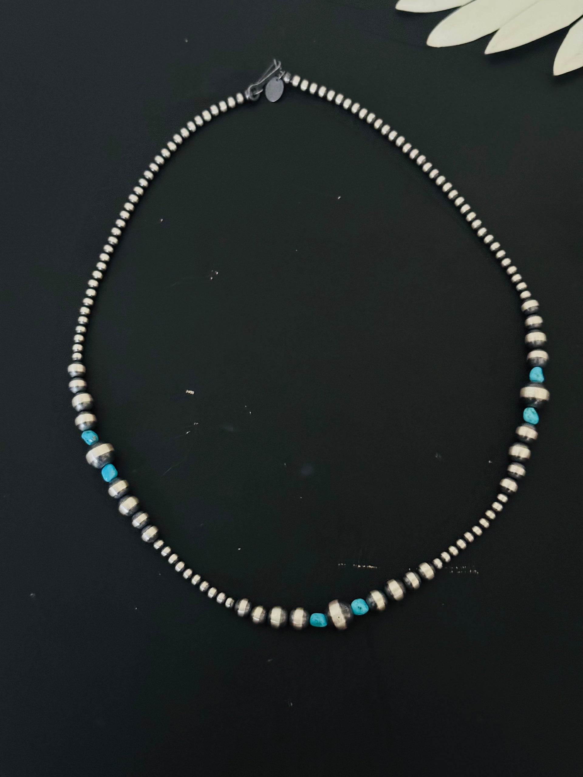 Navajo Strung Kingman Turquoise & Sterling Silver Graduated Beaded Pearl Necklace