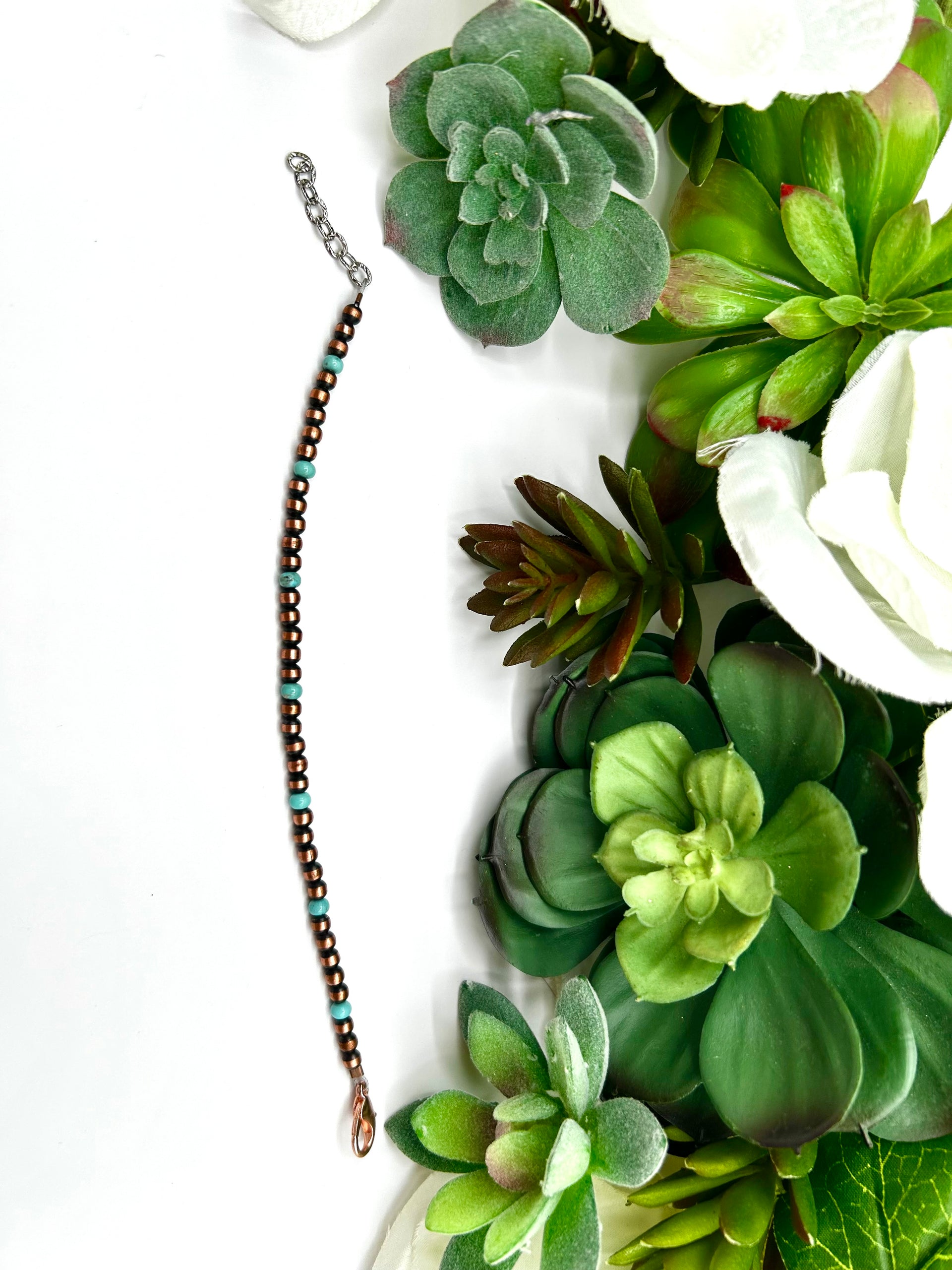 Navajo Made Strung Kingman Turquoise & Copper Link Bracelet