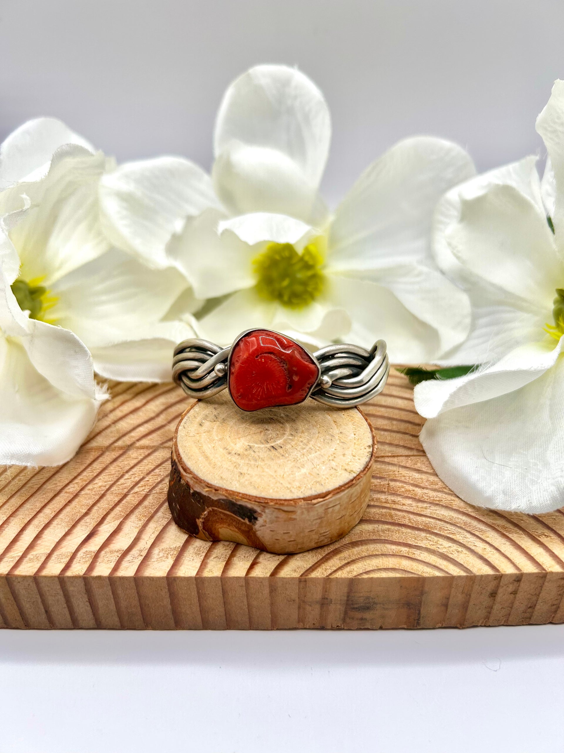 Navajo Made Natural Coral & Sterling Silver Cuff Bracelet