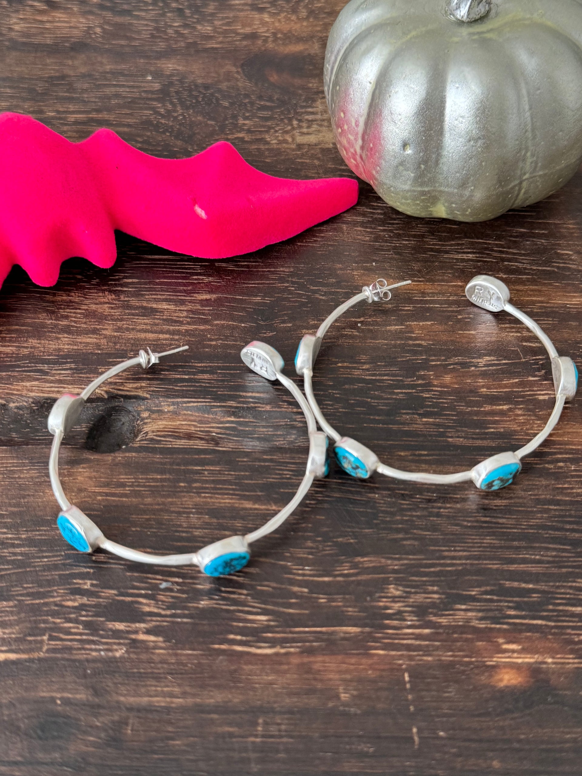 Navajo Made Kingman Turquoise & Sterling Silver Post Dangle Hoop Earrings