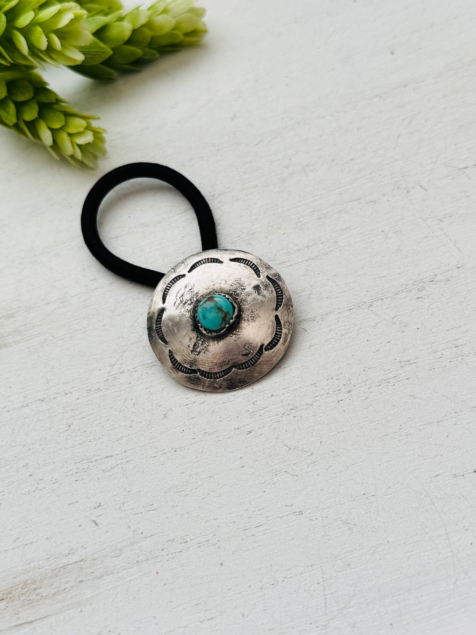 Navajo Made Kingman Turquoise & Sterling Silver Concho Ponytail Holder