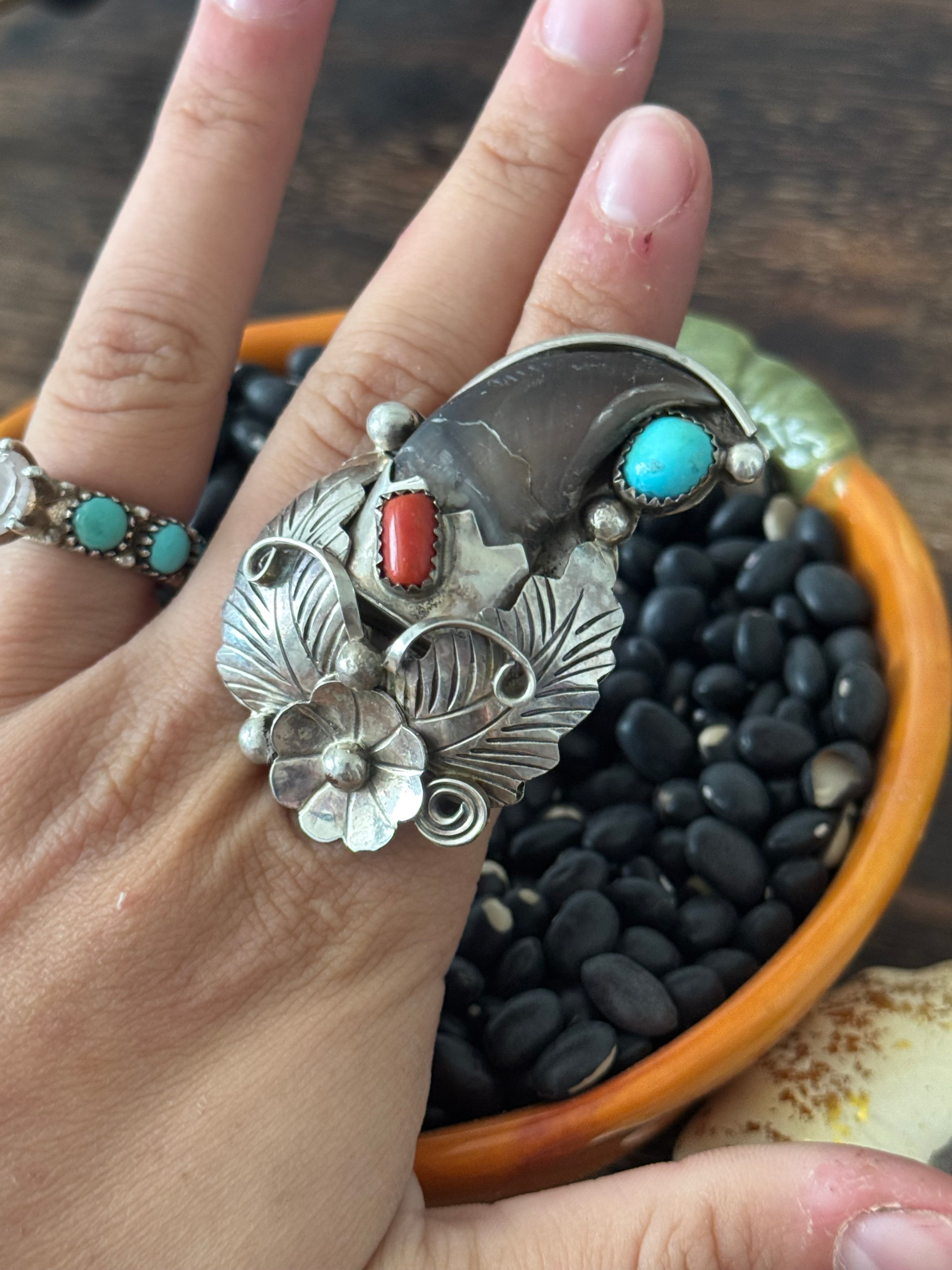 Navajo Made Multi Stone & Sterling Silver Ring Size 8.5