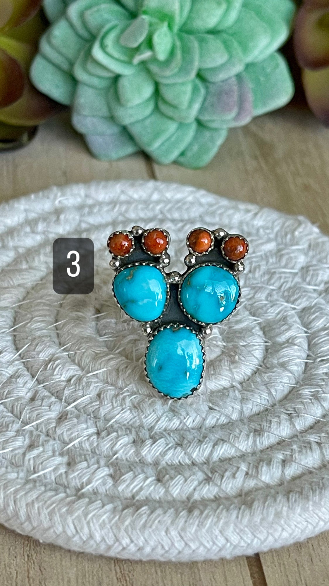 Southwest Handmade Sonoran Mountain Turquoise & Sterling Silver Adjustable Prickly Pear Ring