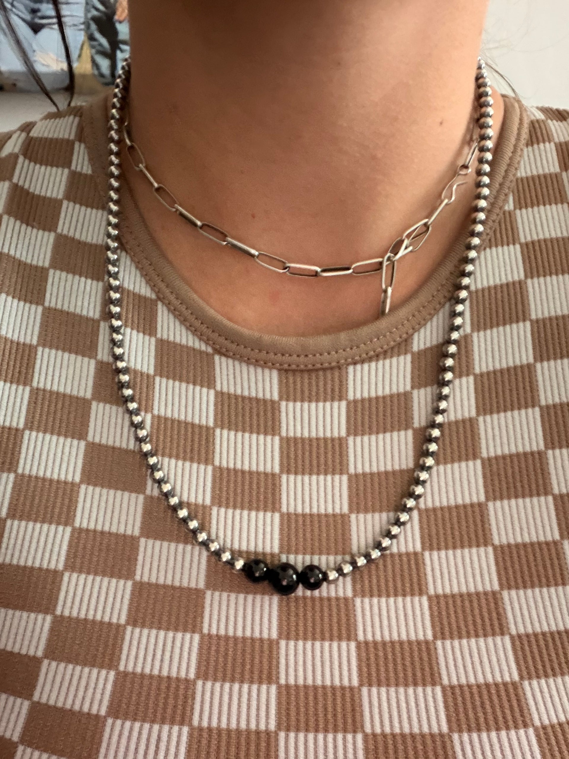 Navajo Strung Onyx & Sterling Silver Machine Made 20” Pearls Beaded Necklace