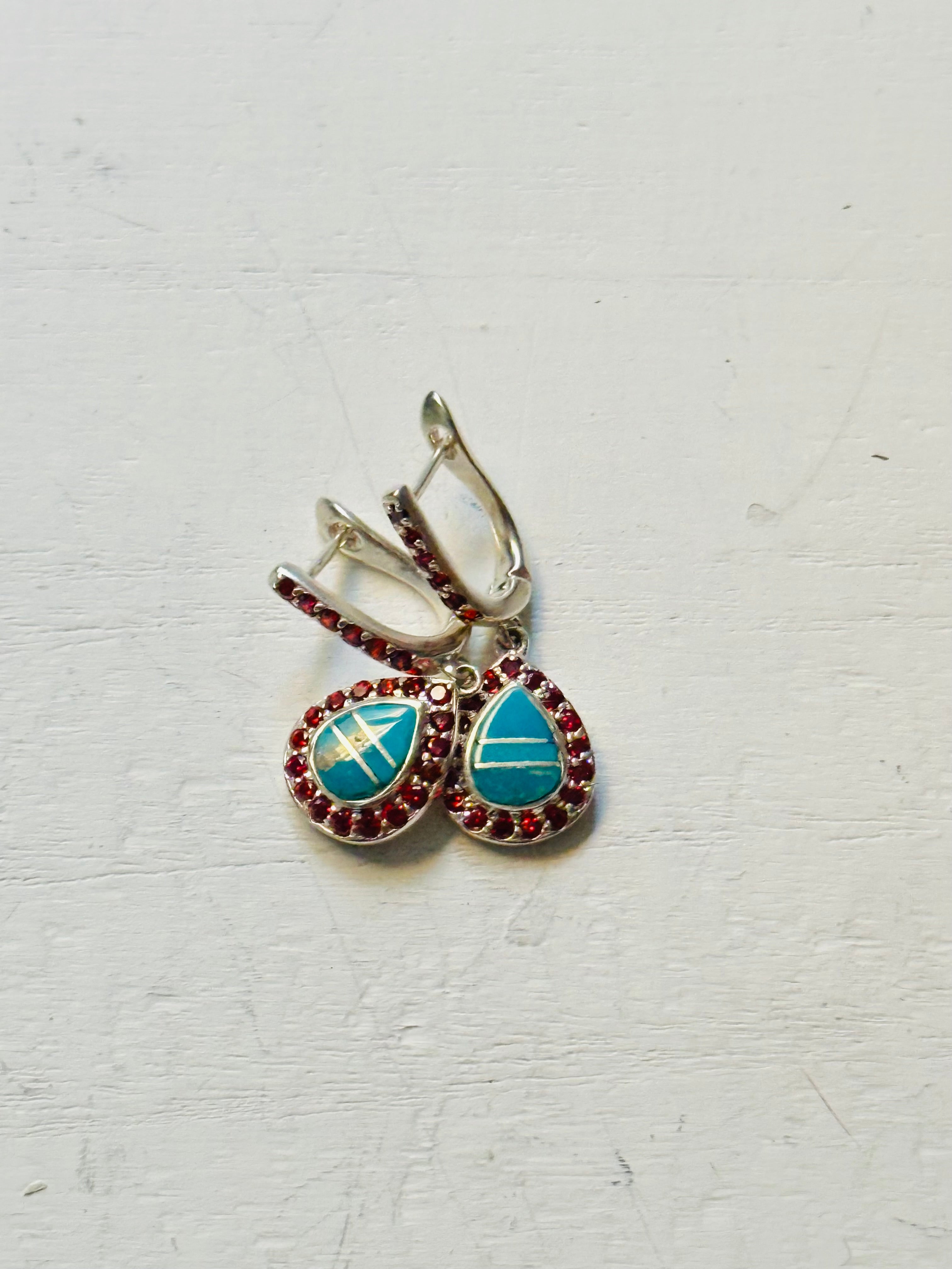 Navajo Made Cast Multi Stone & Sterling Silver Inlay Earrings