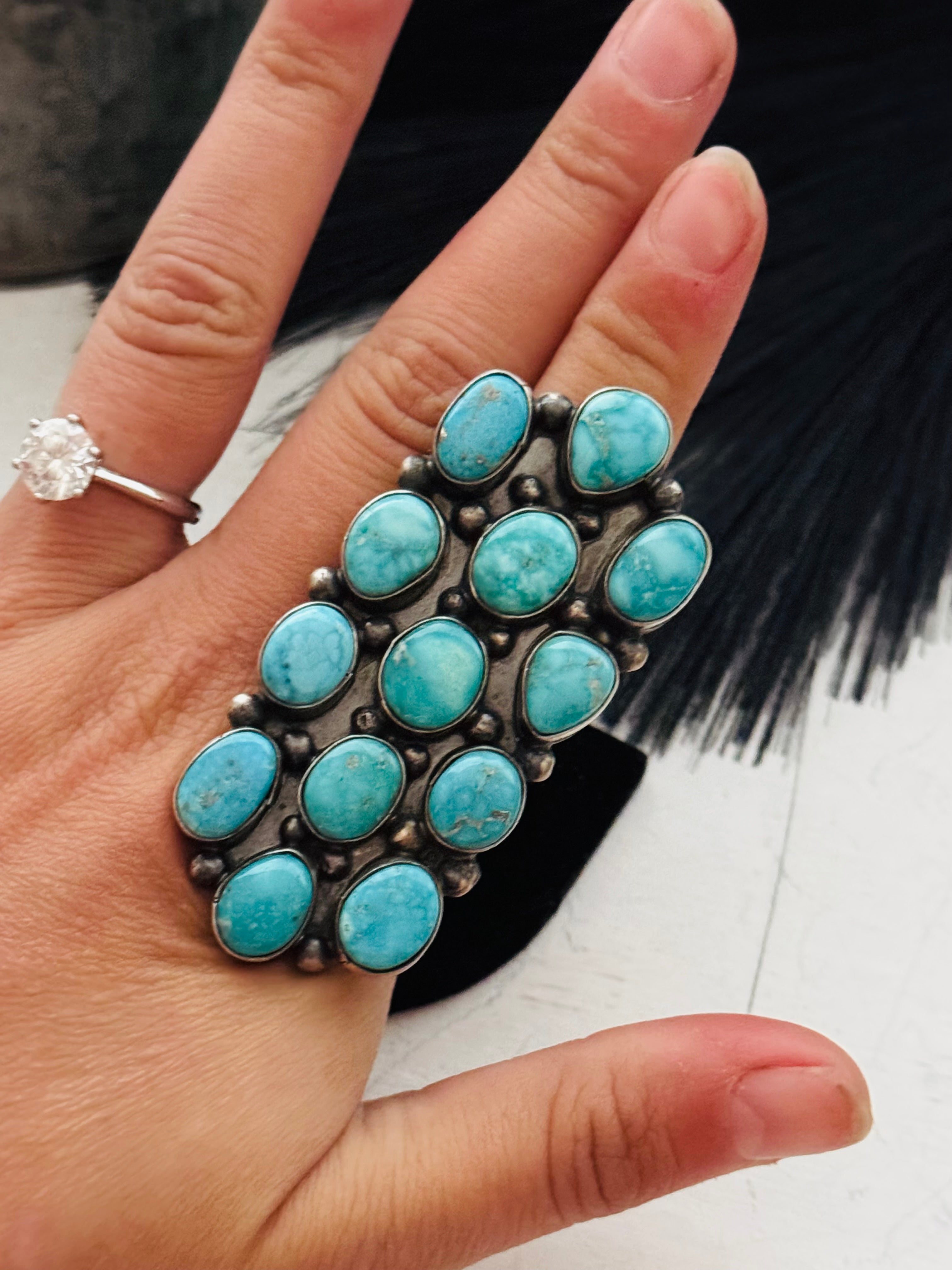 Sheila Becenti White Water Turquoise & Sterling Silver Cluster Ring Size 9.75