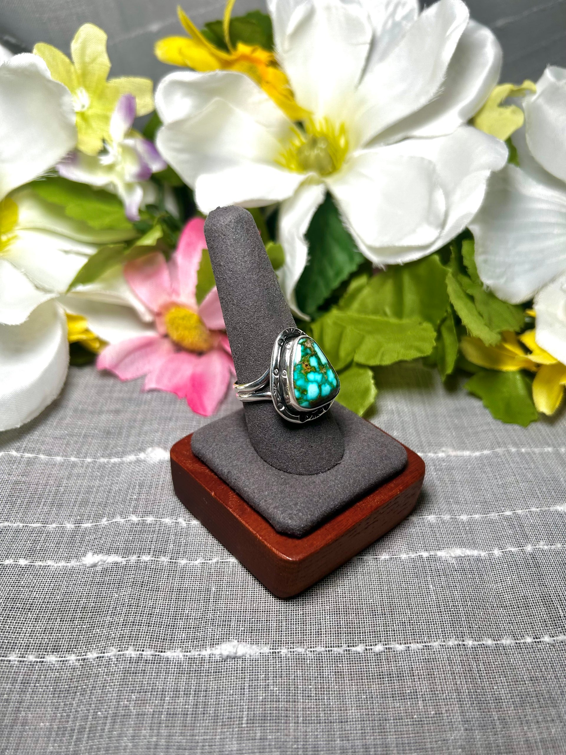 Navajo Made Natural Sonoran Mountain Turquoise & Sterling Silver Ring Size 9.75