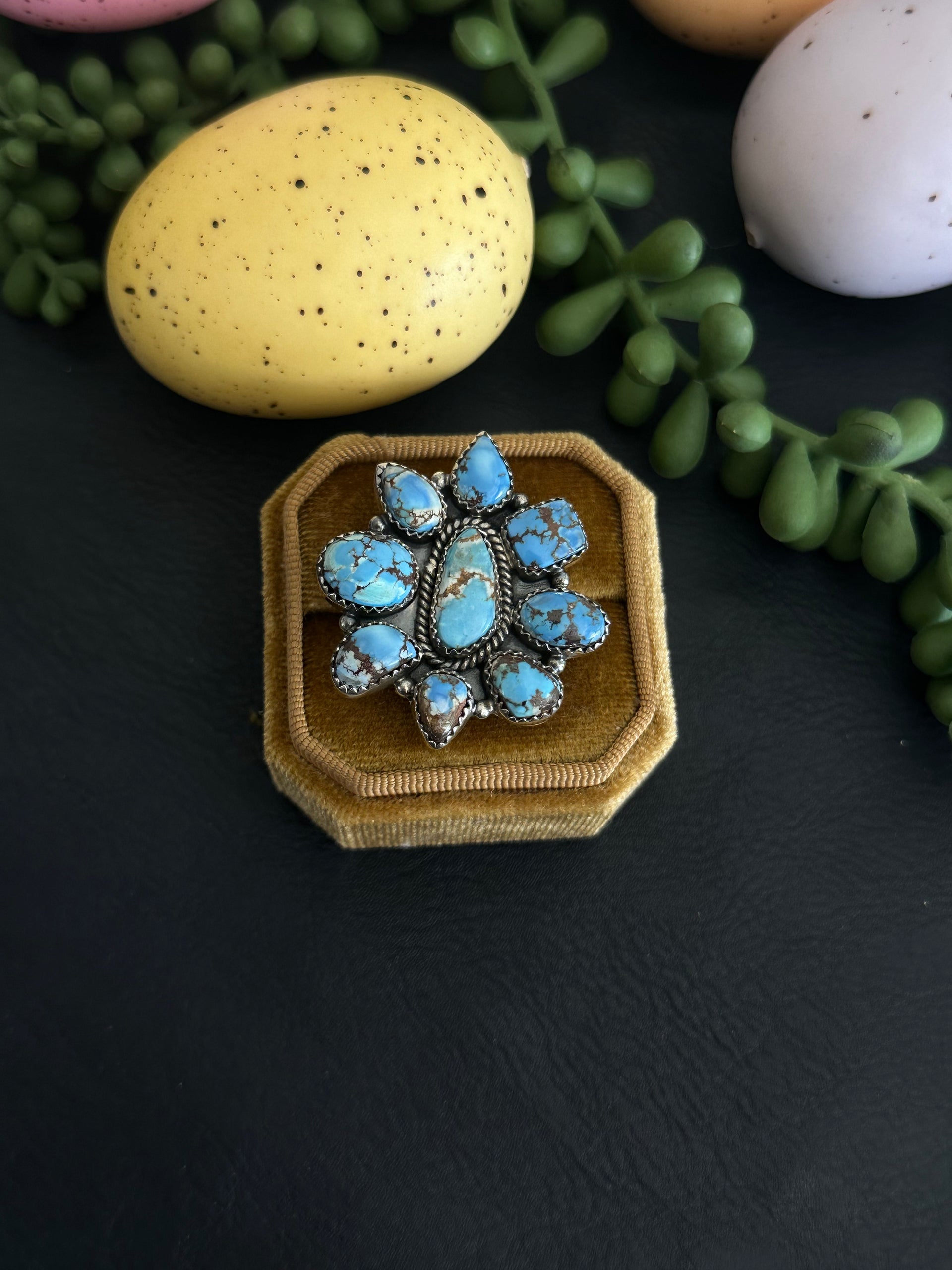 Southwest Handmade Golden Hills Turquoise & Sterling Silver Adjustable Cluster Ring