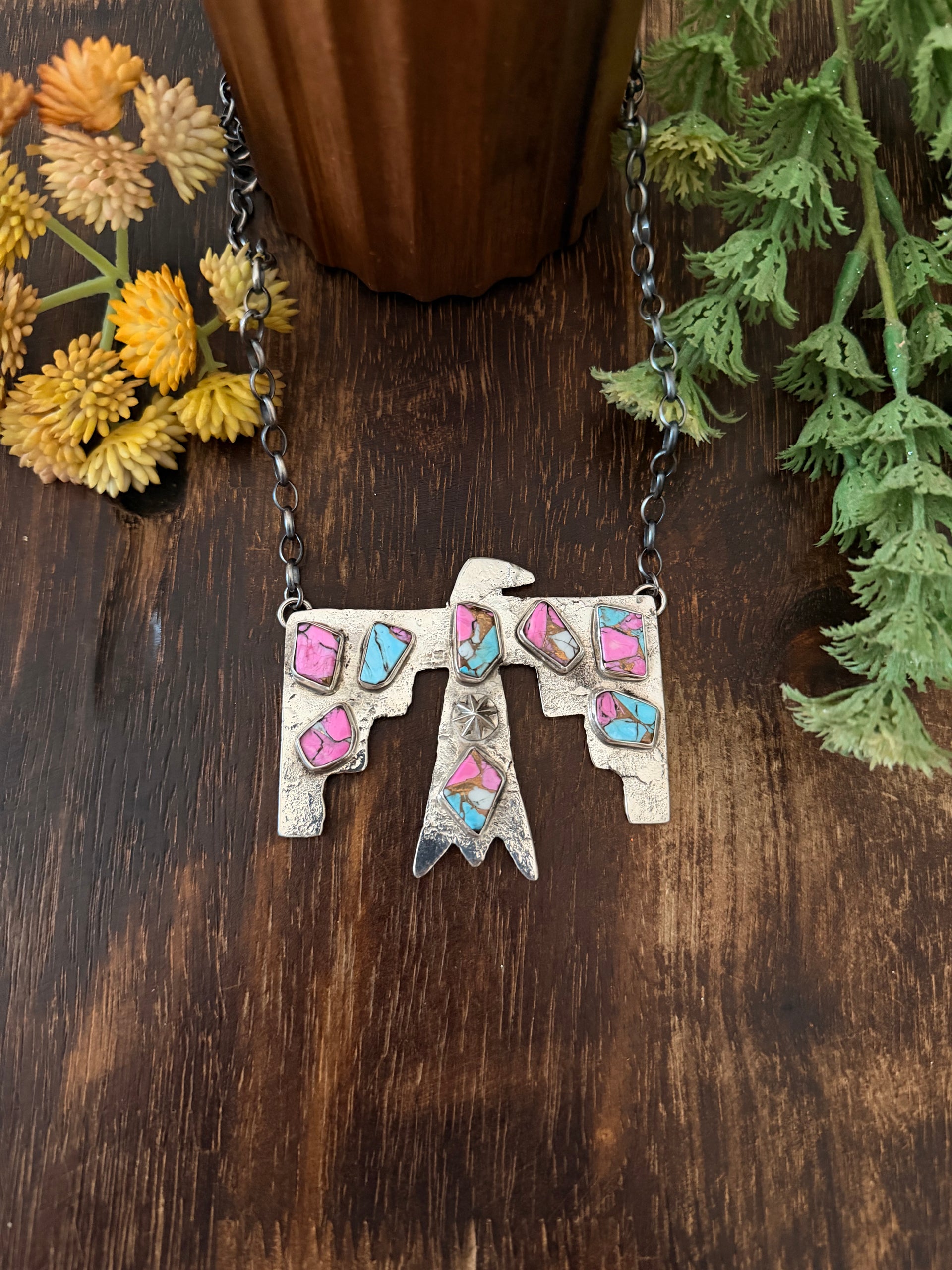 Jude Candelaria Cotton Candy Mohave Turquoise Composite & Sterling Silver Thunderbird Necklace