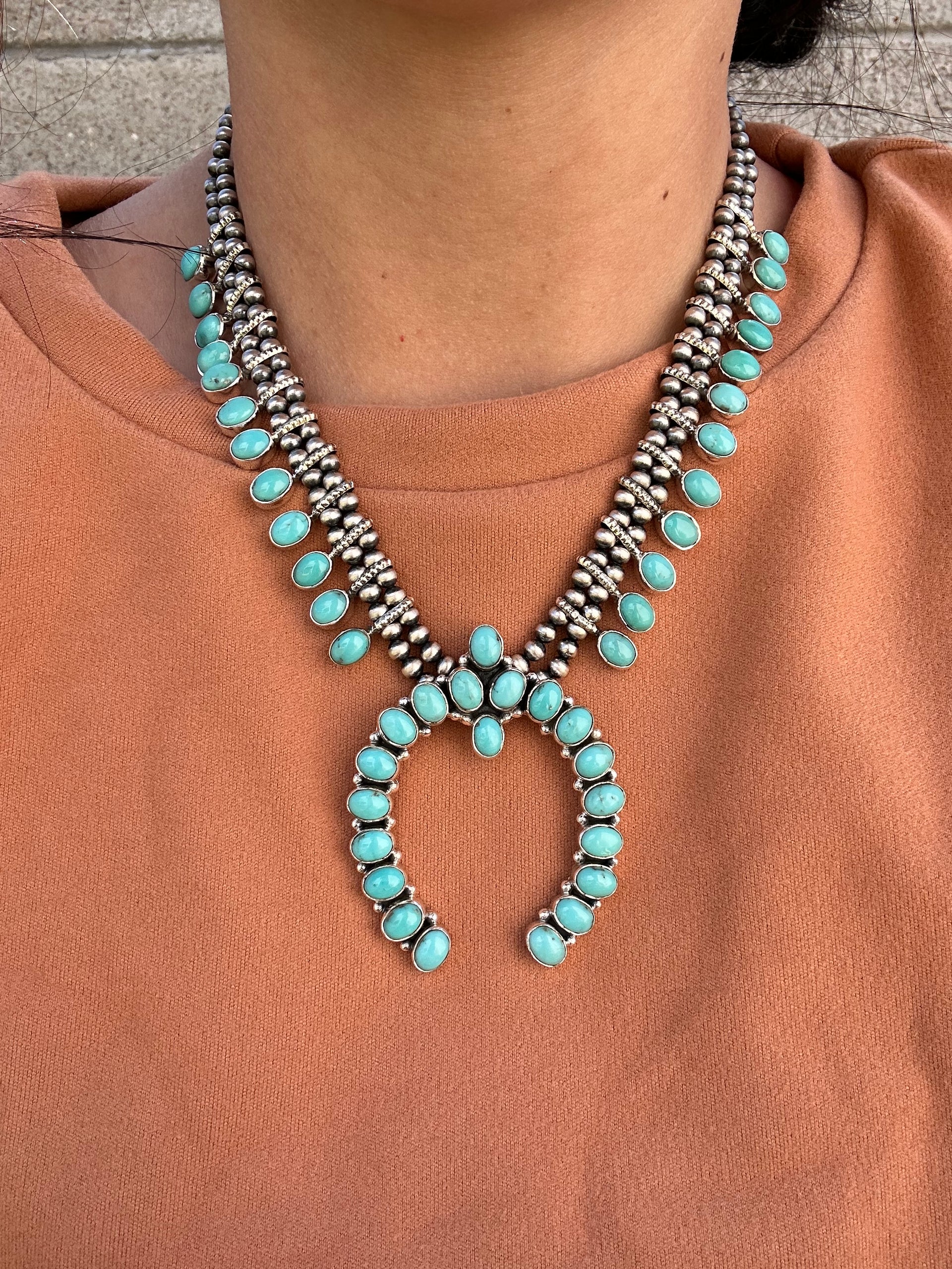 Southwest Handmade Kingman Turquoise & Sterling Silver Squash Blossom