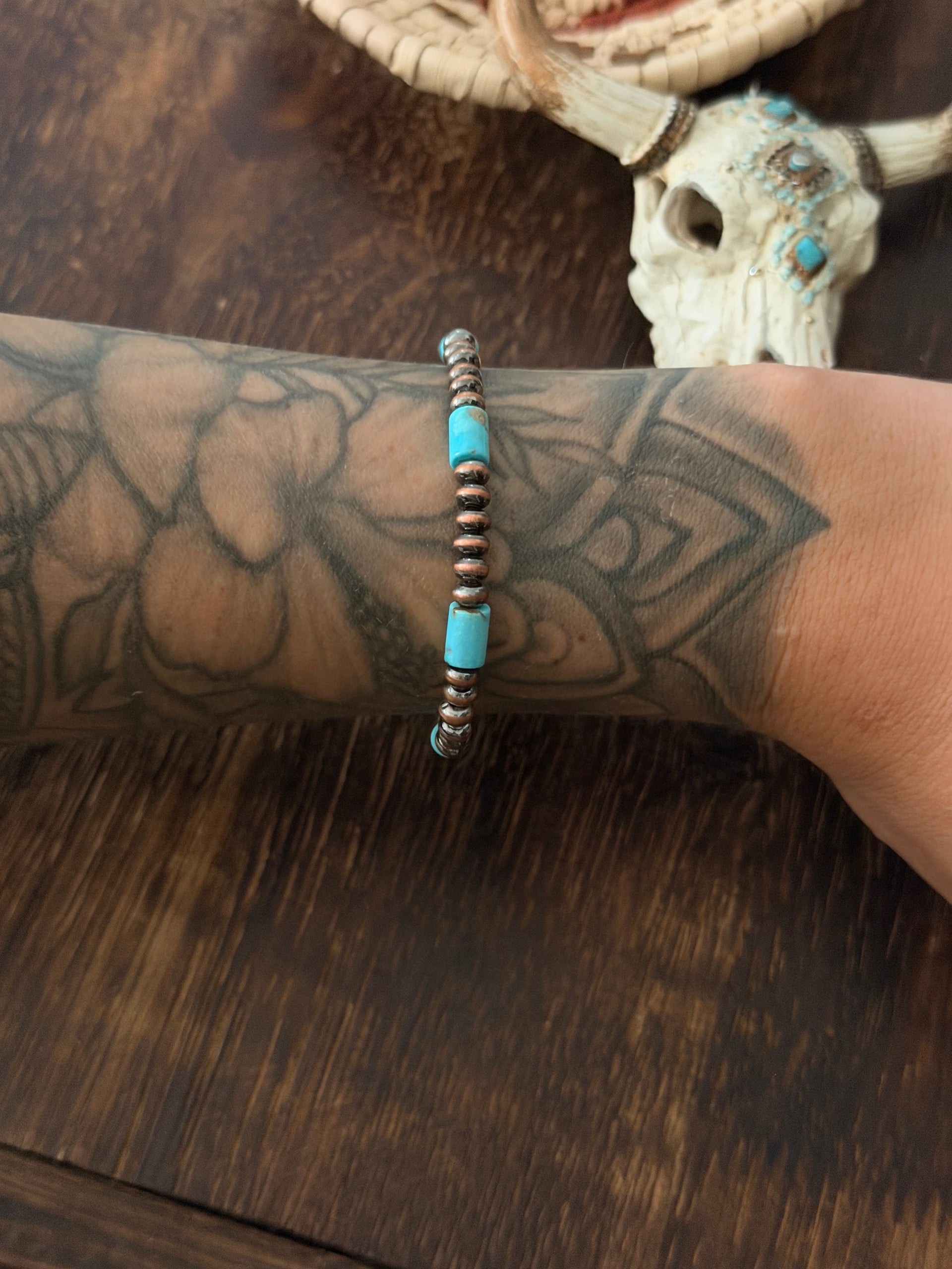 Navajo Strung Kingman Turquoise & Copper Beaded Pearl Stretchy Bracelet