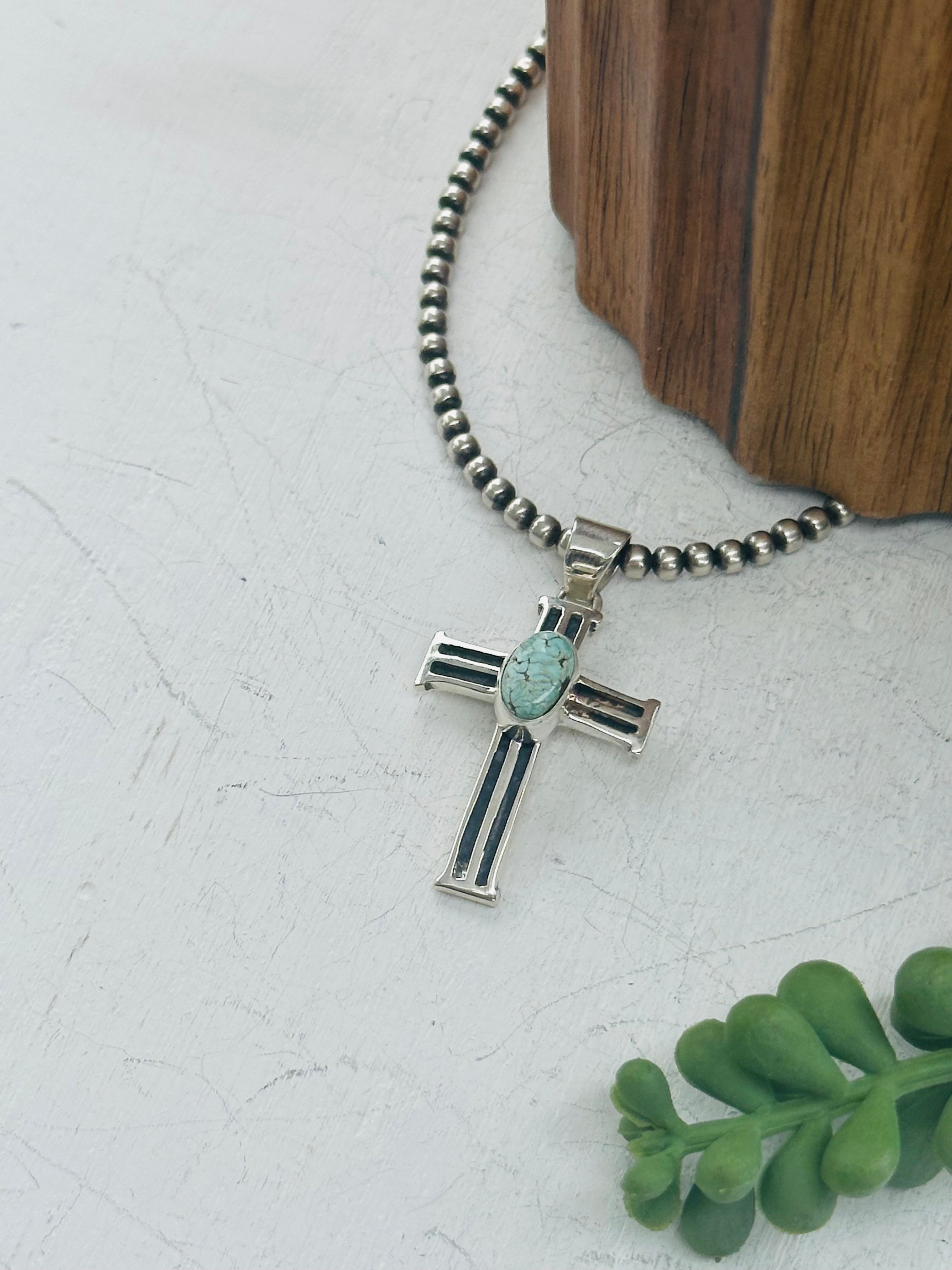 Navajo Made Dry Creek Turquoise & Sterling Silver Cross Pendant