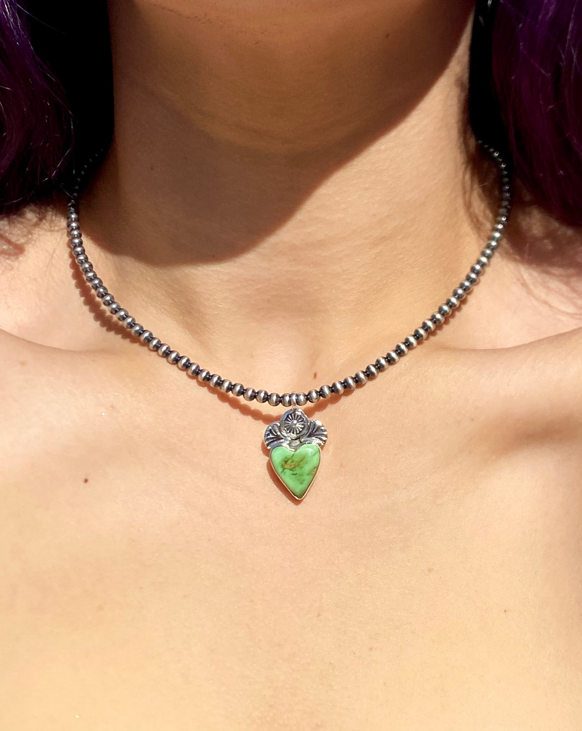 Southwest Handmade Sonoran Gold Turquoise & Sterling Silver 4mm Pearl Necklace Adjustable length Heart Shape