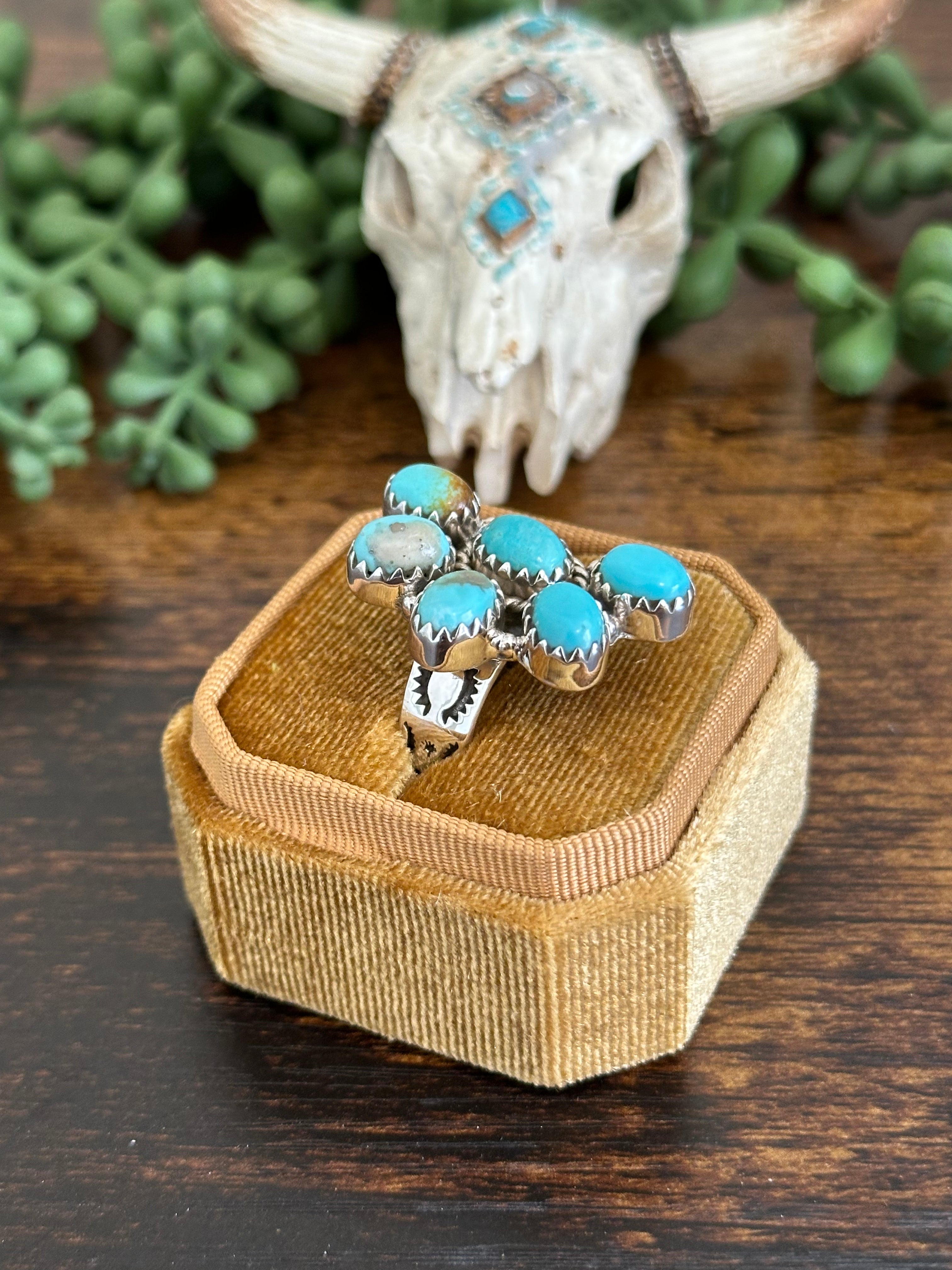 Southwest Handmade Kingman Turquoise & Sterling Silver Adjustable Cluster Ring