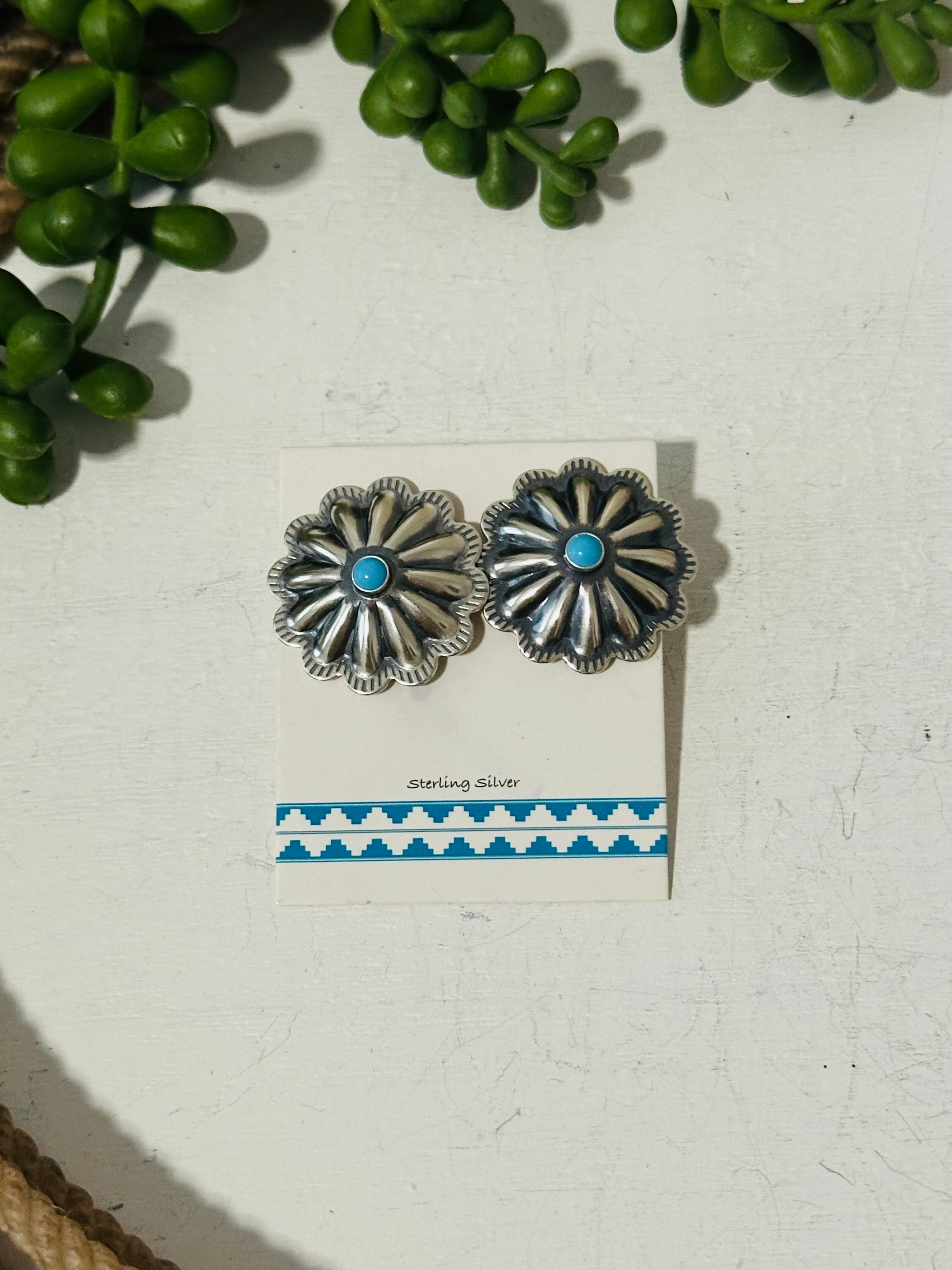 Navajo Made Kingman Turquoise & Sterling Silver Post Concho Earrings