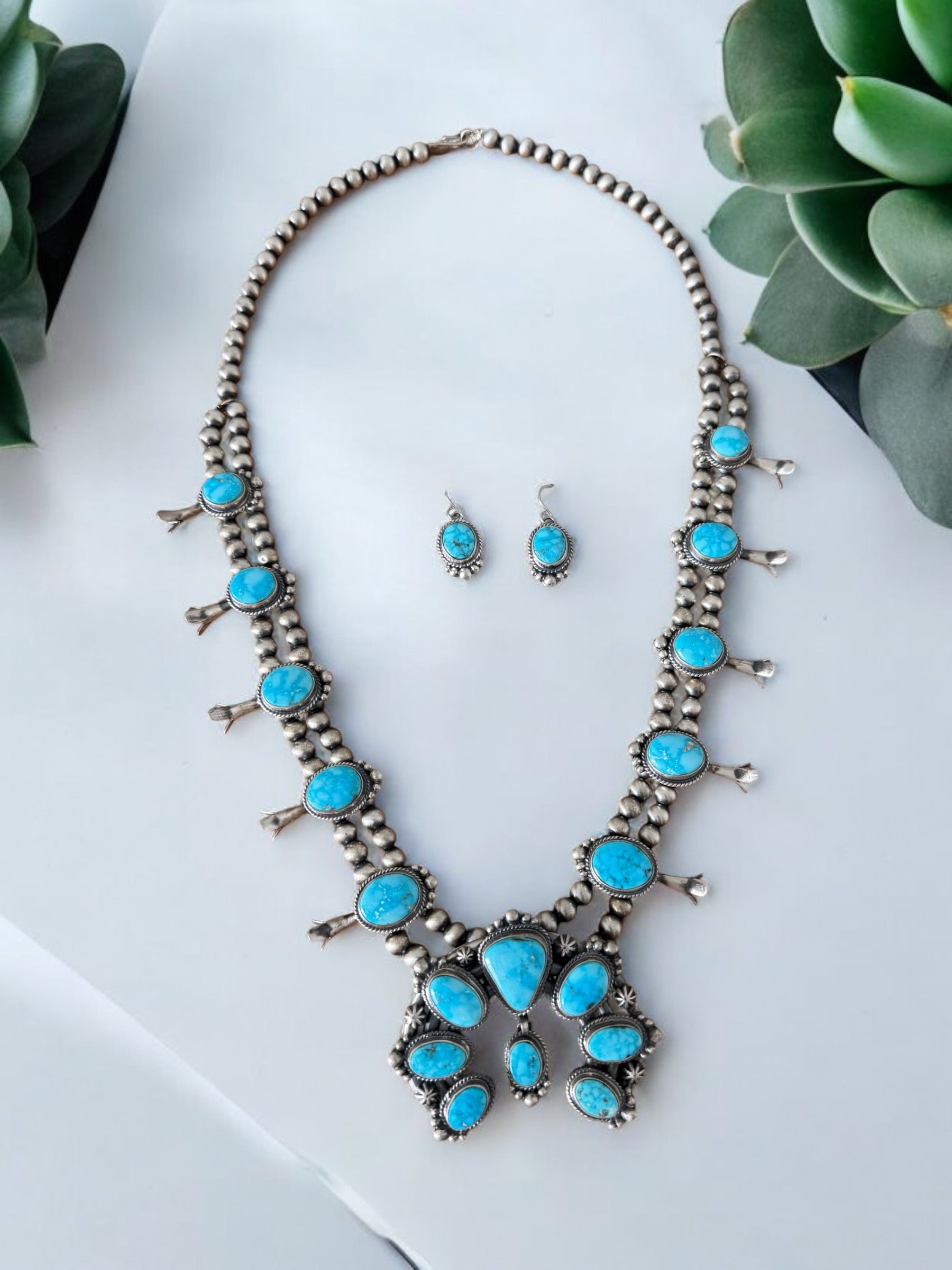 Thomas Francisco Birds Eye Kingman Turquoise & Sterling Silver Squash Blossom Necklace