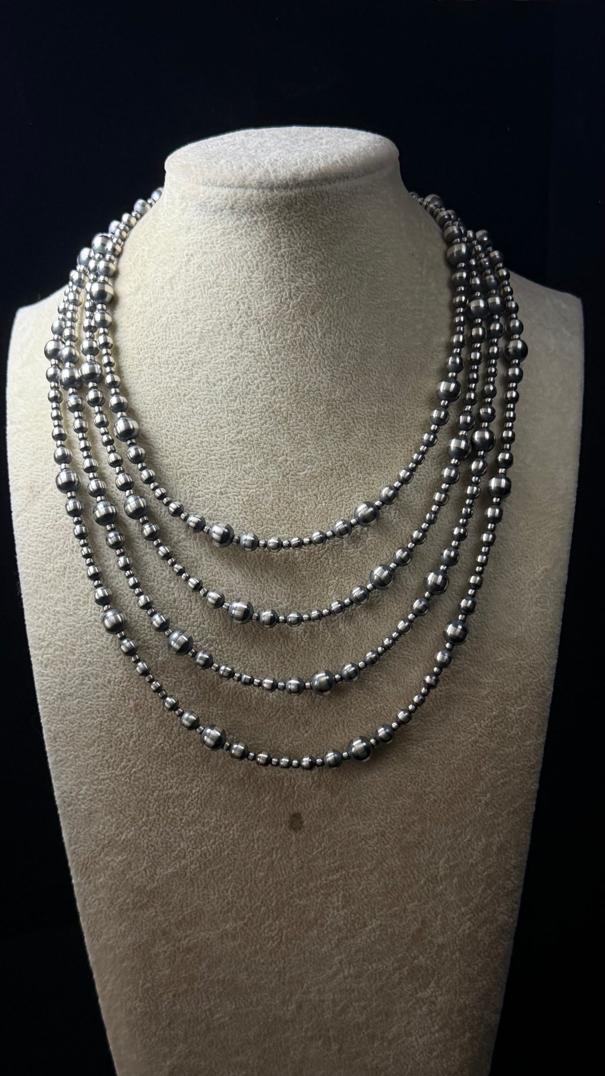 Navajo Strung Graduated Sterling Silver Pearls Beaded Machine Made 16” Necklace