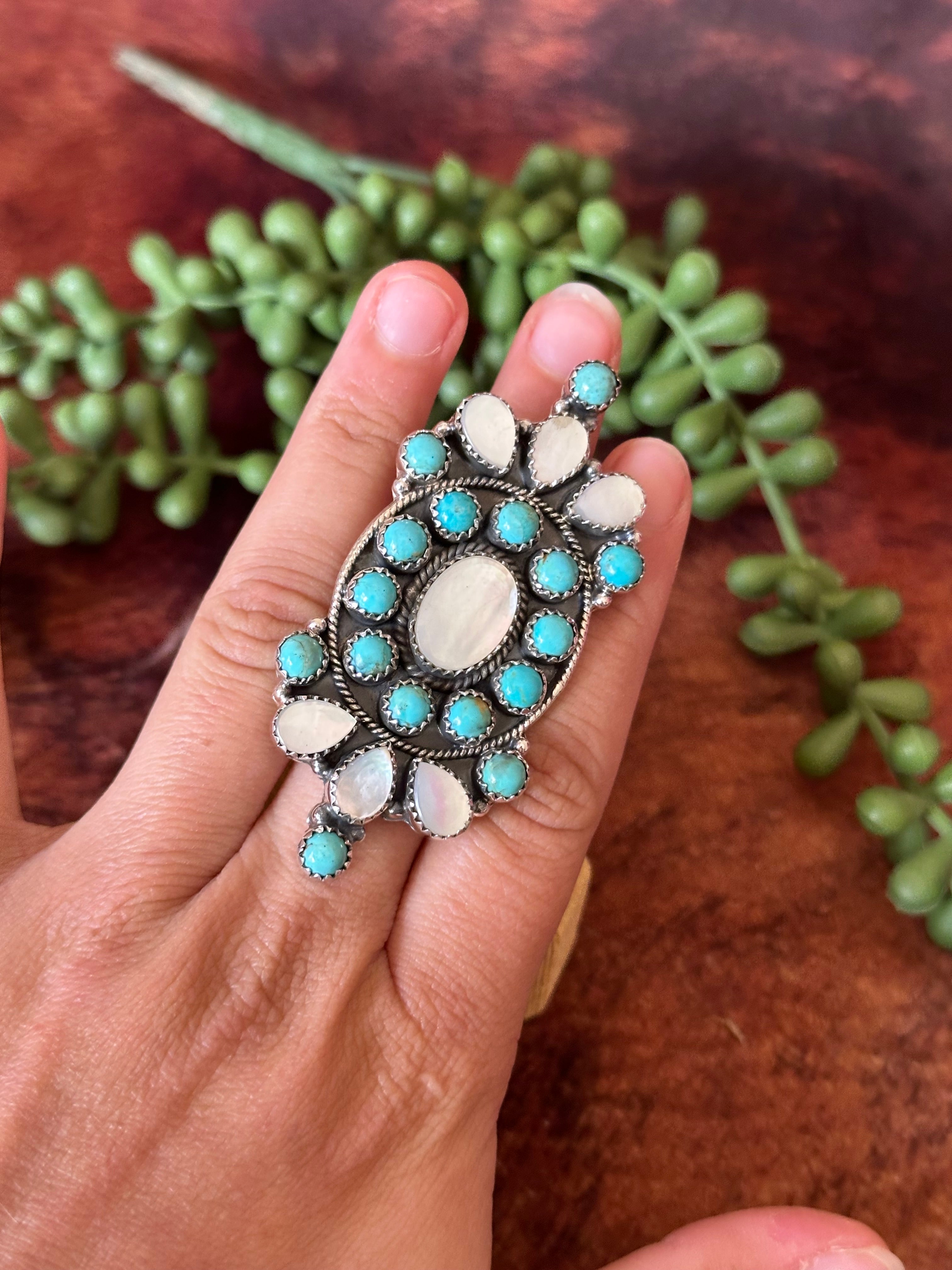 Southwest Handmade Multi Stone & Sterling Silver Adjustable Cluster Ring