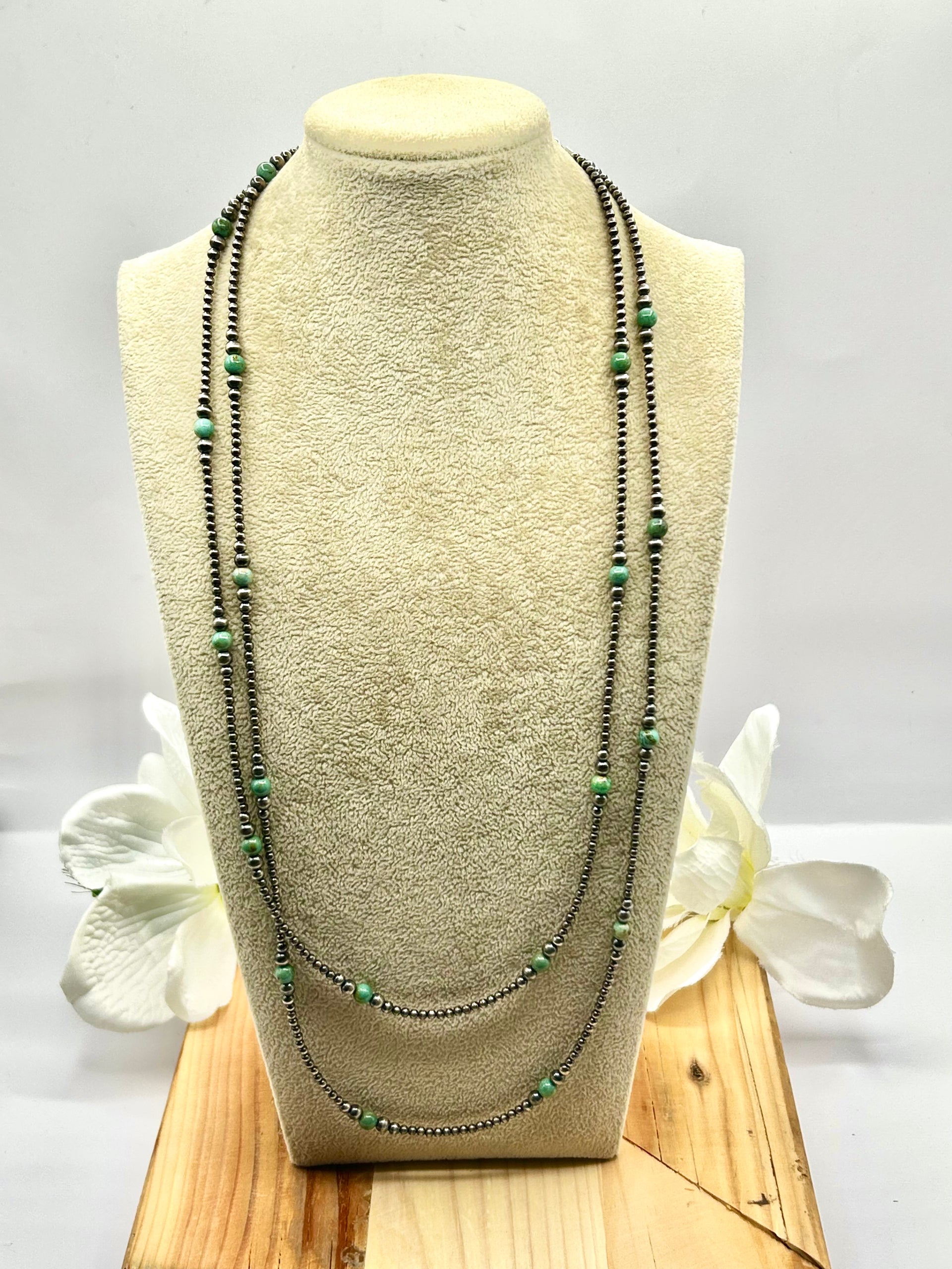Navajo Made Strung Kingman Turquoise & Sterling Silver Necklace