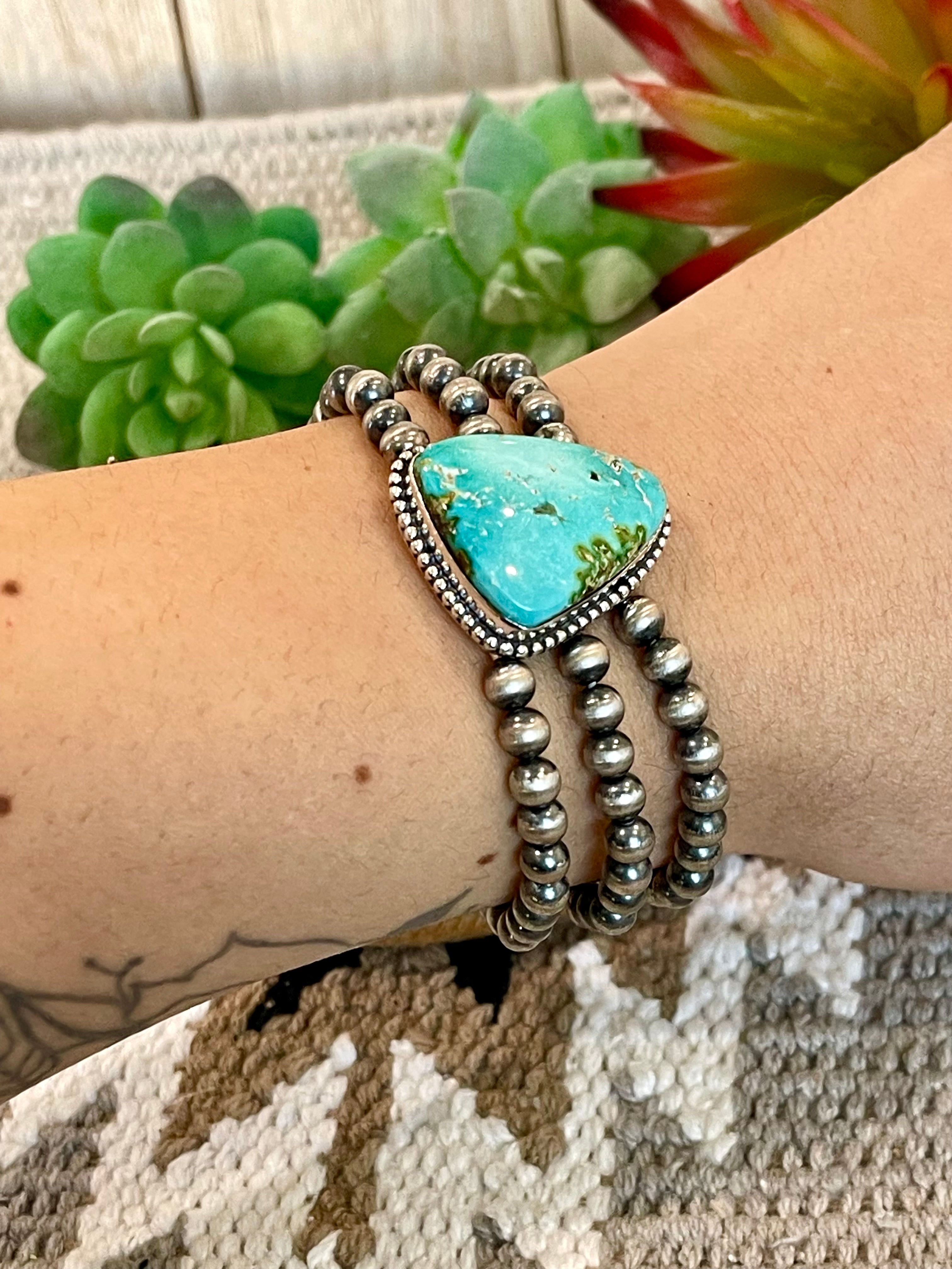 Southwest Handmade Sonoran Mountain Turquoise & Sterling Silver 3 Strand Beaded Stretch Bracelet