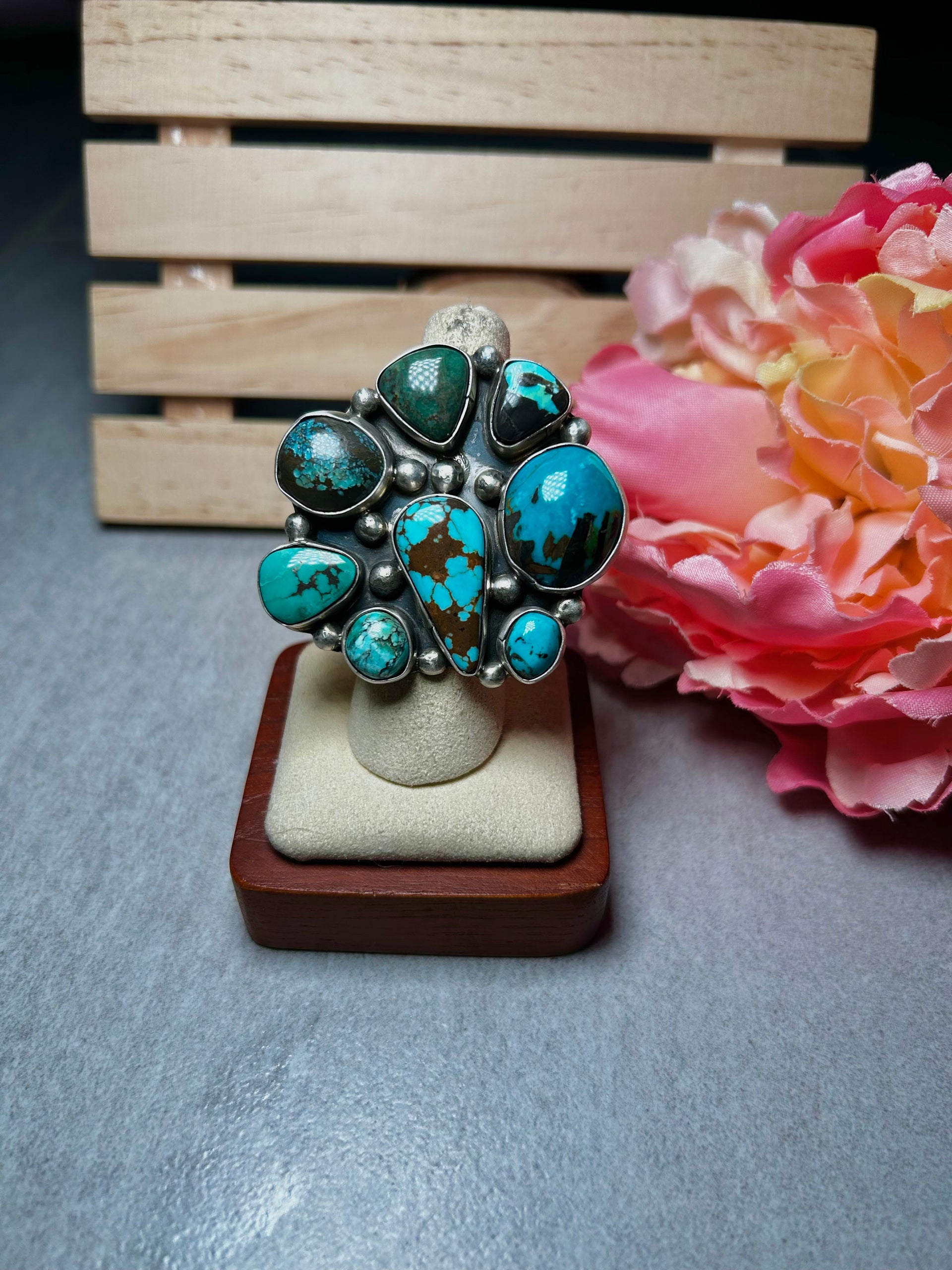 Ella Peters Mixed Turquoise & Sterling Silver Ring Size 6.75