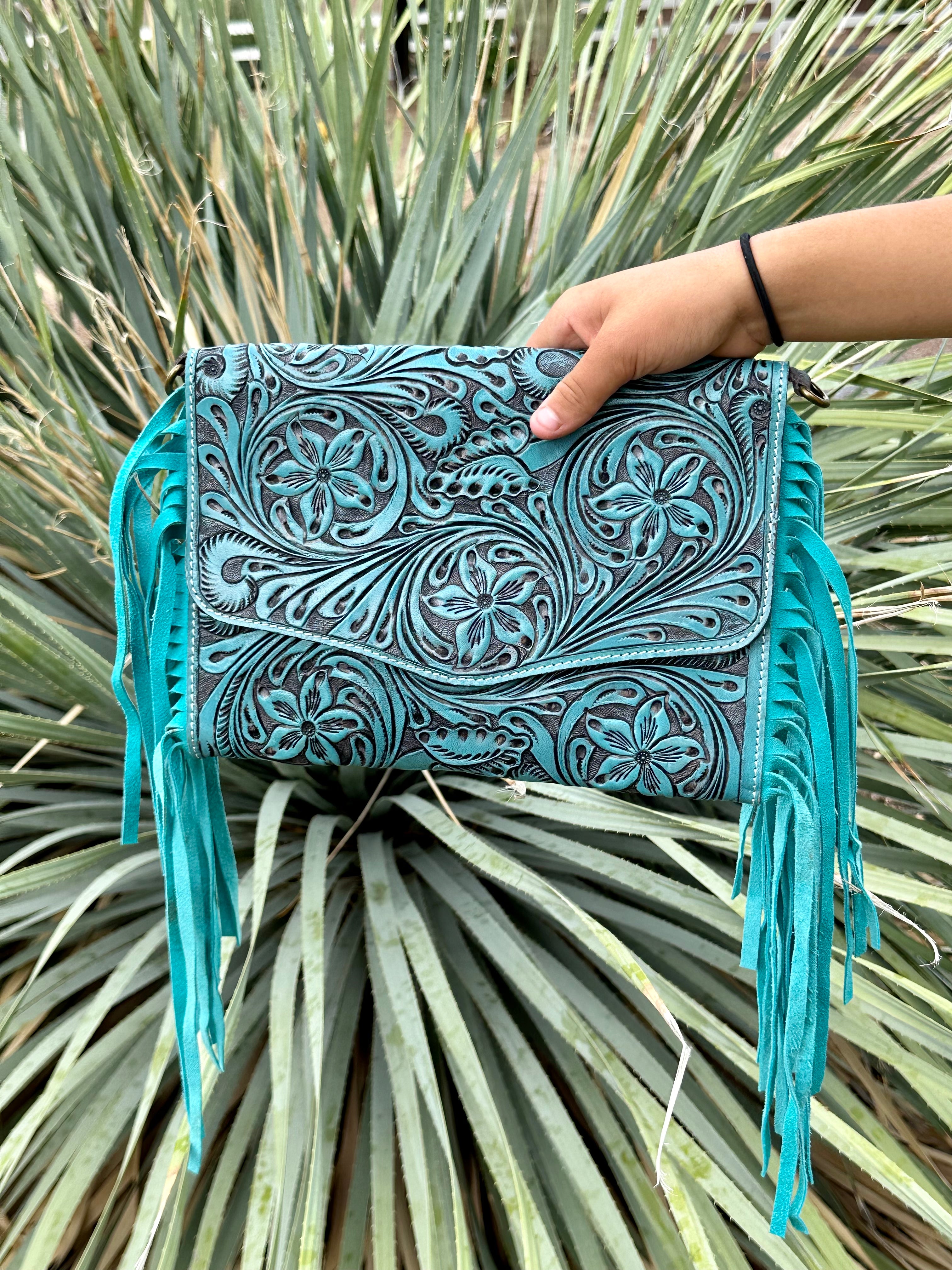 Genuine Leather Tooled Cross Body Fringe Purse