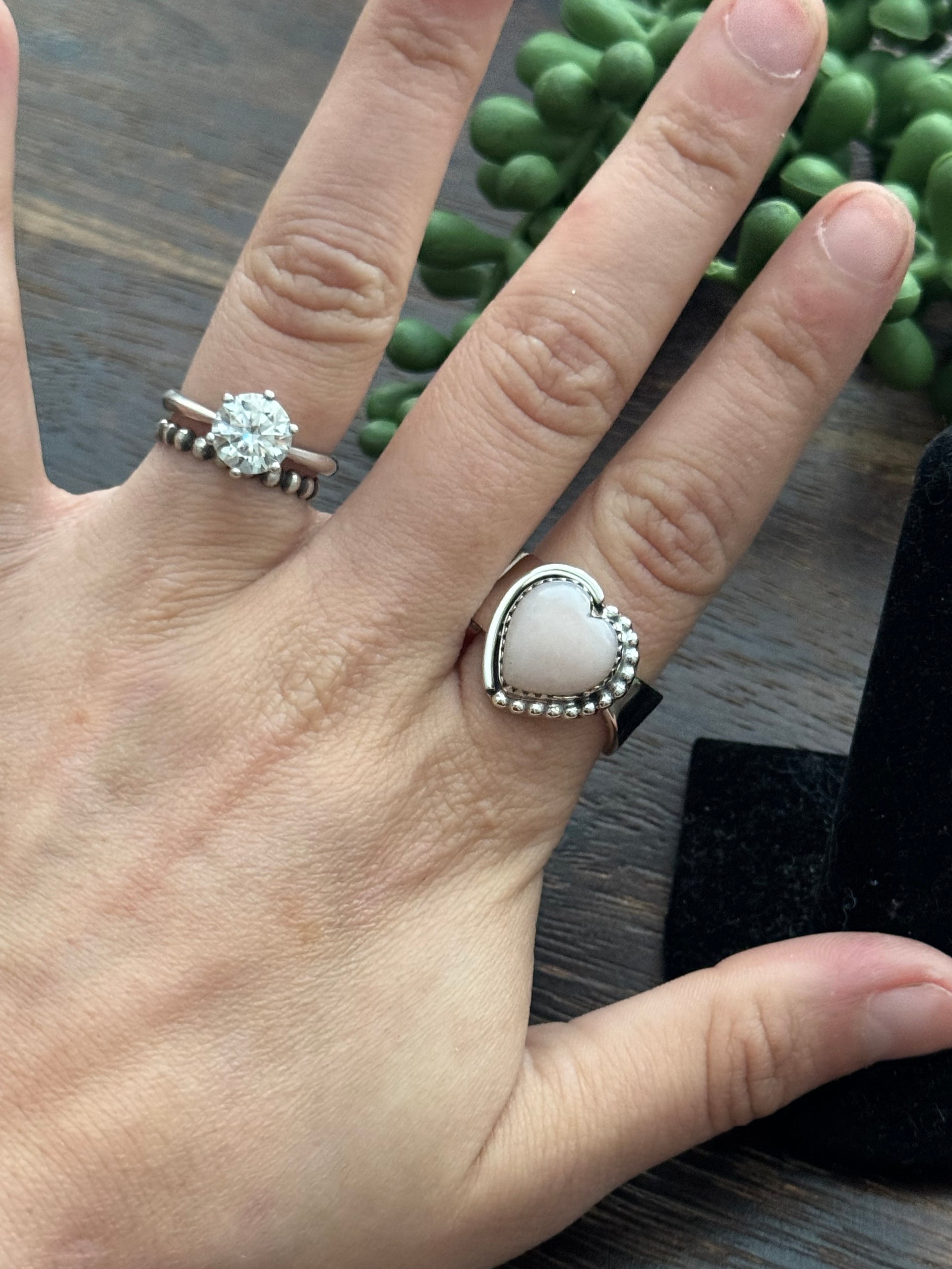 Southwest Handmade Peruvian Pink Opal & Sterling Silver Adjustable Heart Ring