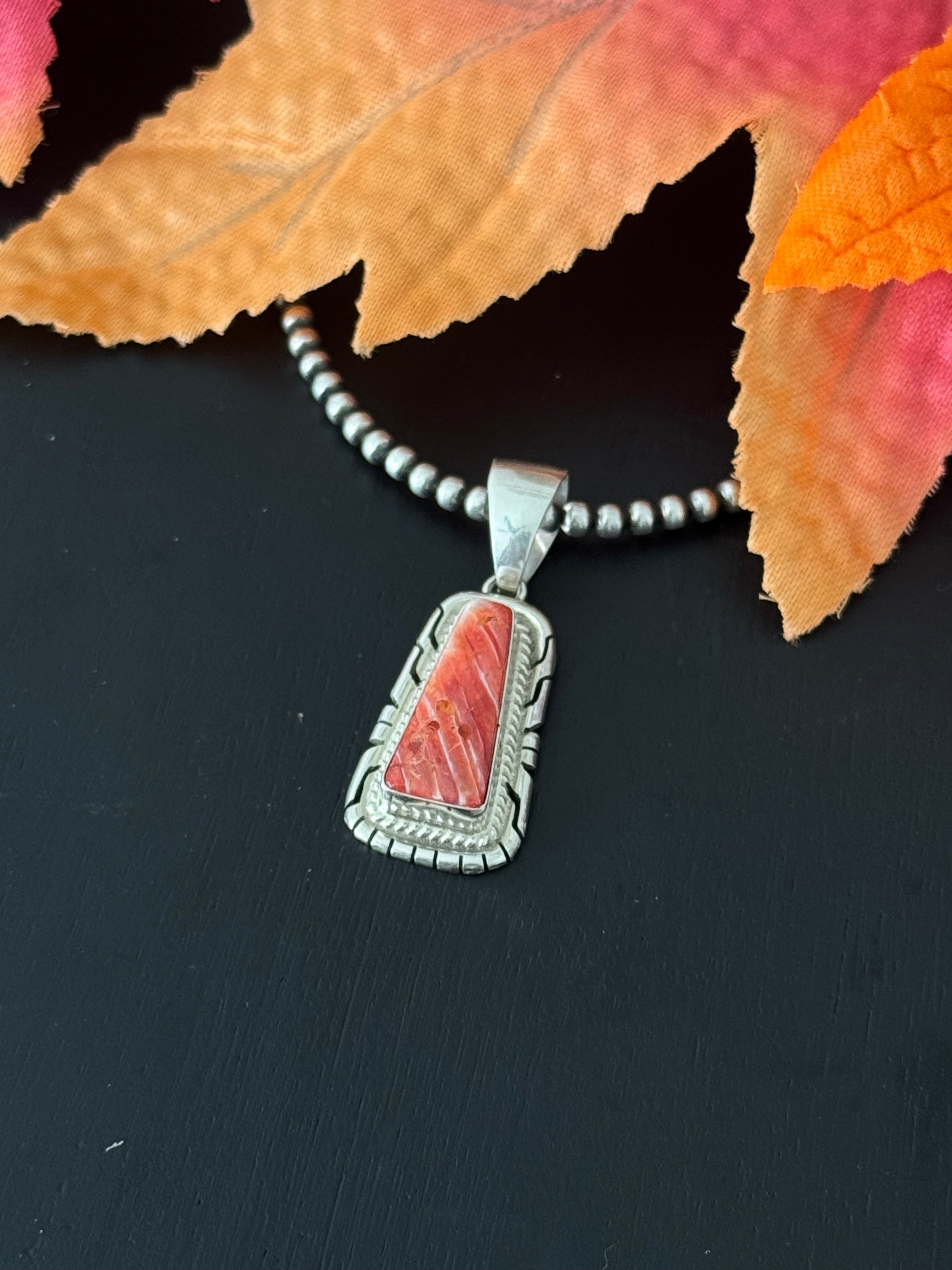 Navajo Made Red Spiny Oyster & Sterling Silver Pendant