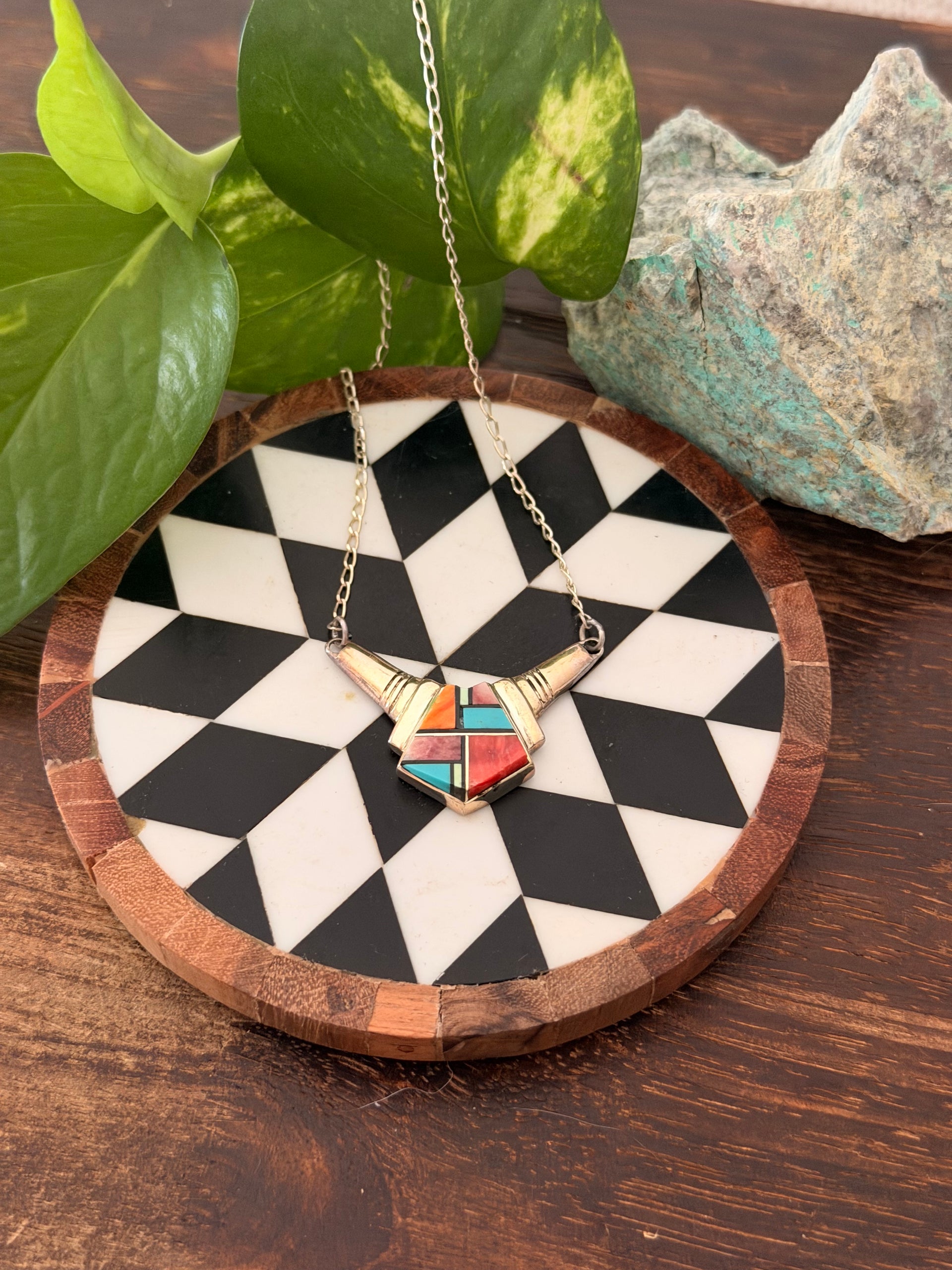 Navajo Made Multi Stone & Sterling Silver Inlay Necklace
