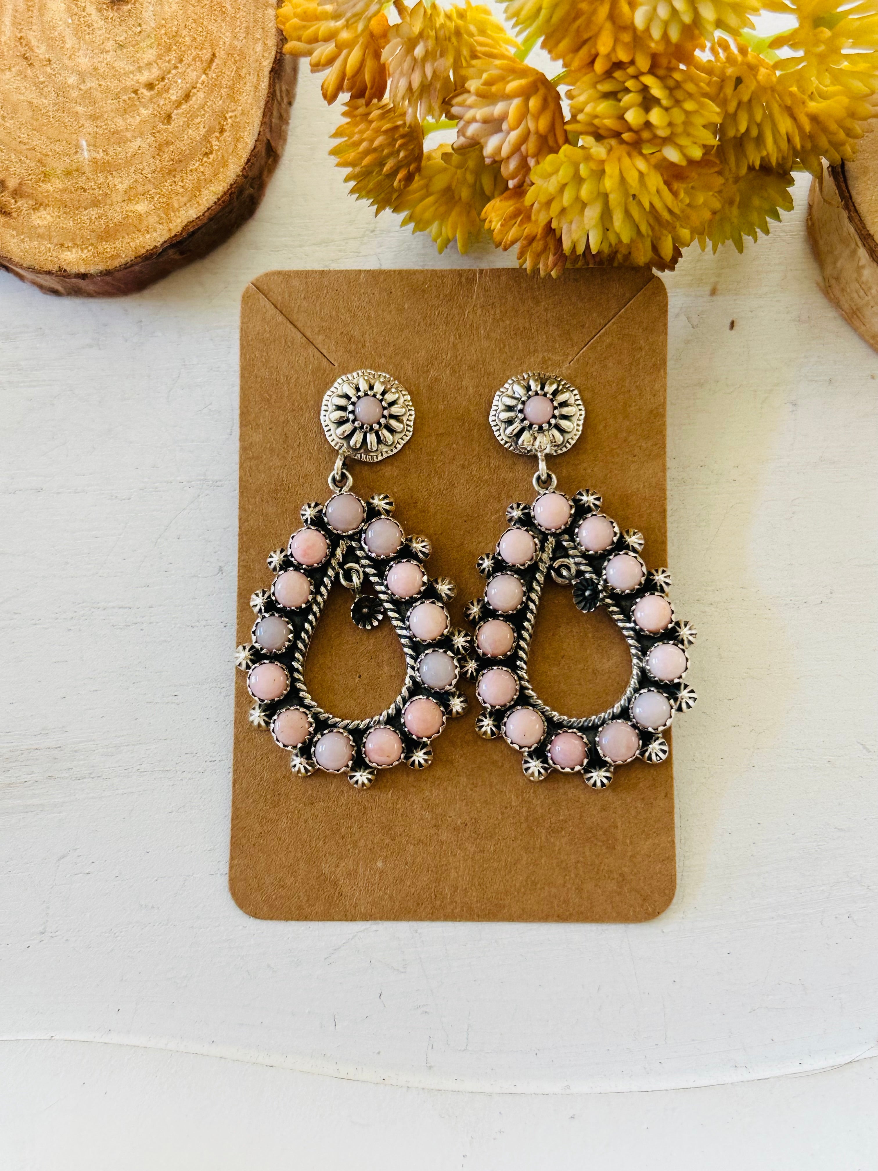 TTD “Tear Drop” Peruvian Pink Opal & Sterling Silver Post Dangle Earrings