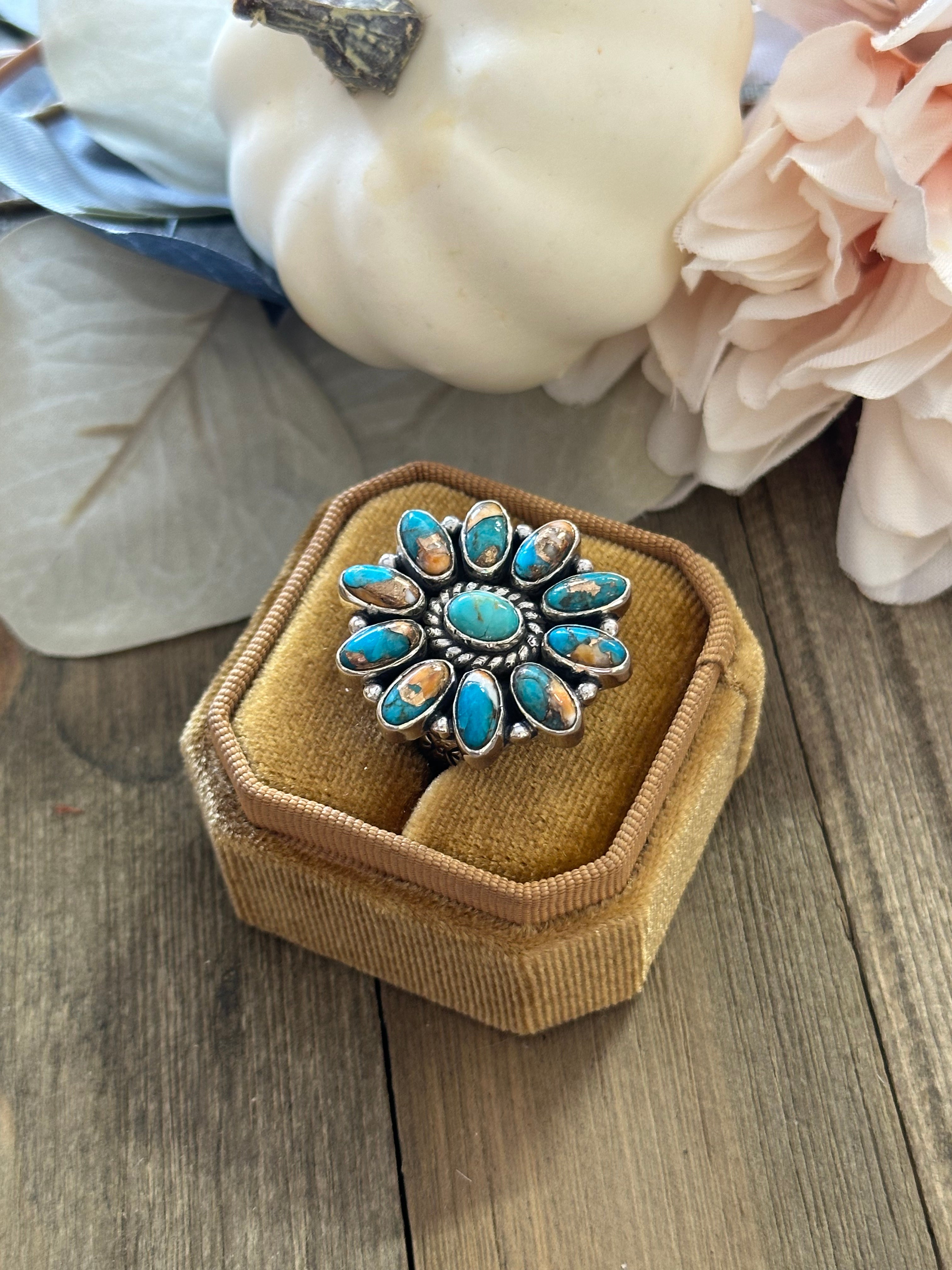 Southwest Handmade Mohave Turquoise & Sterling Silver Adjustable Cluster Ring